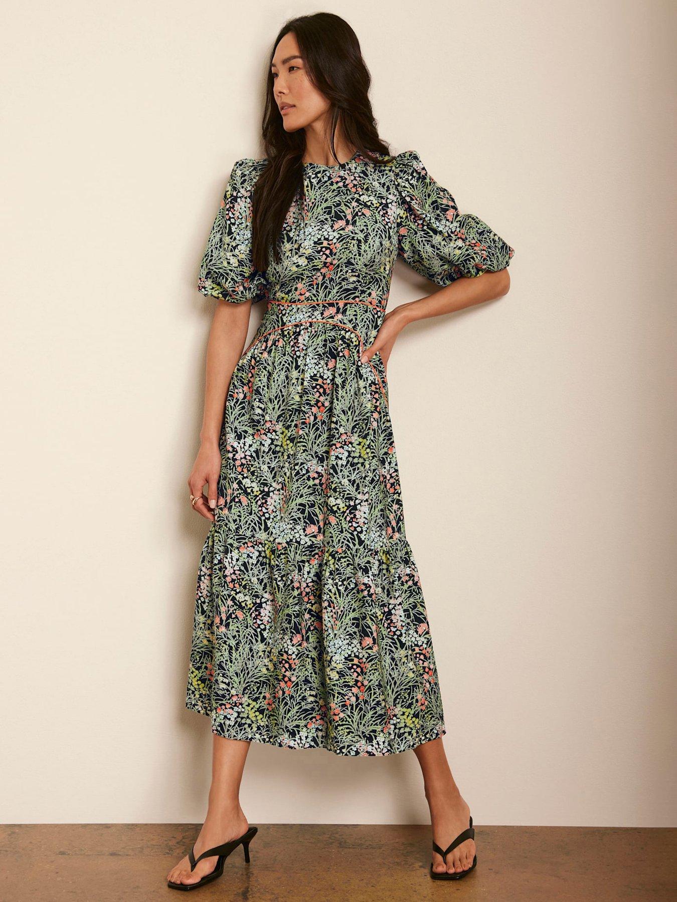  image of mint-velvet-green-floral-print-midi-dress-black