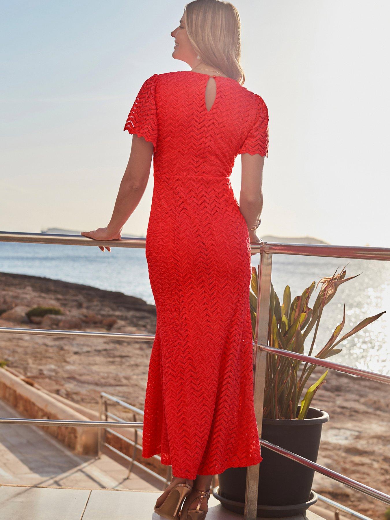 Image 2 of 5 of Sosandar Chevron Lace Angel Sleeve Midi Dress - Coral