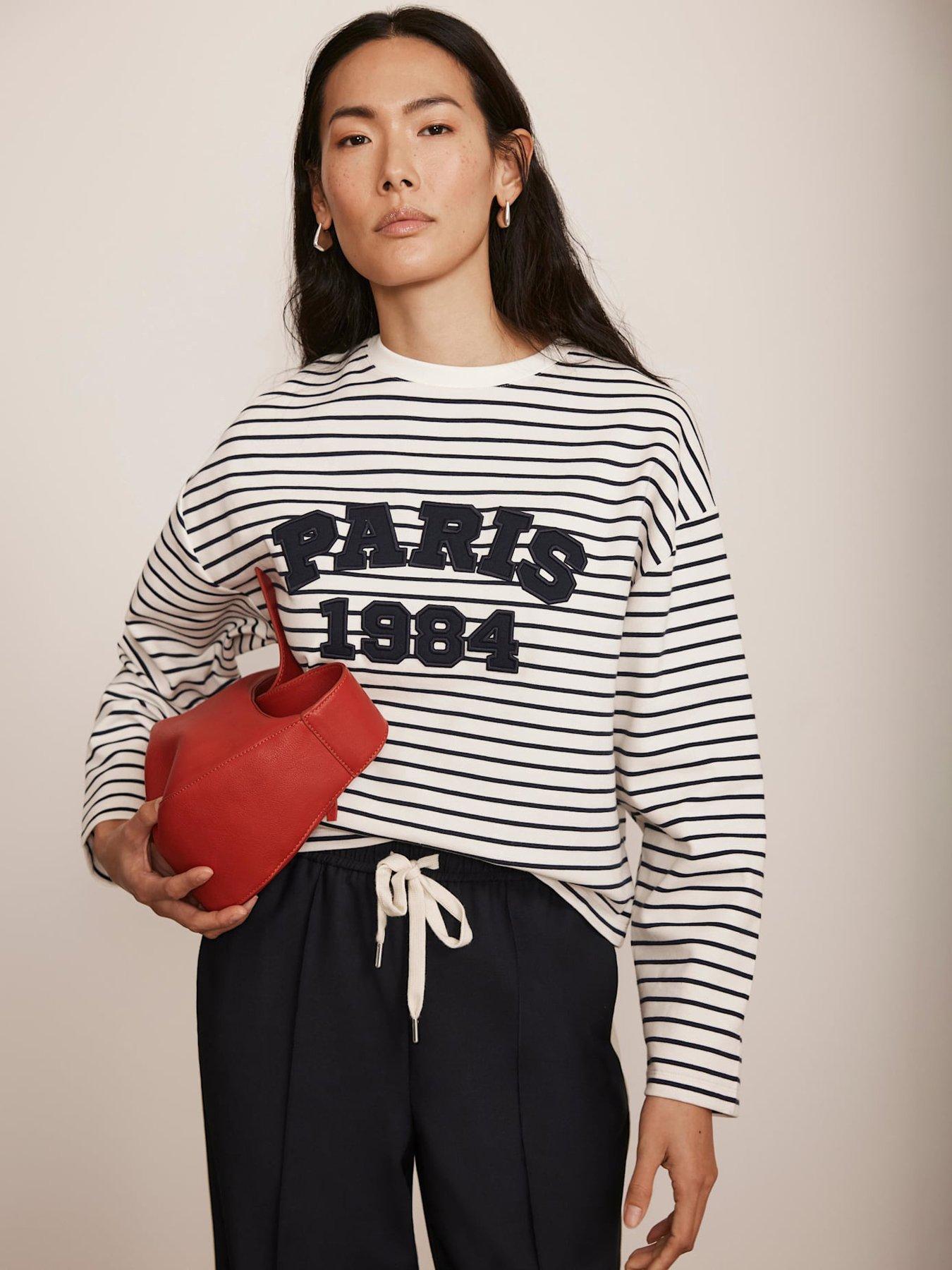 undefined White Striped Paris Slogan Top - Navy