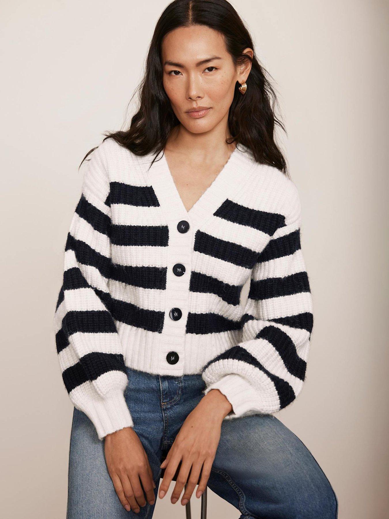  image of mint-velvet-navy-stripe-v-neck-cardigan-cream