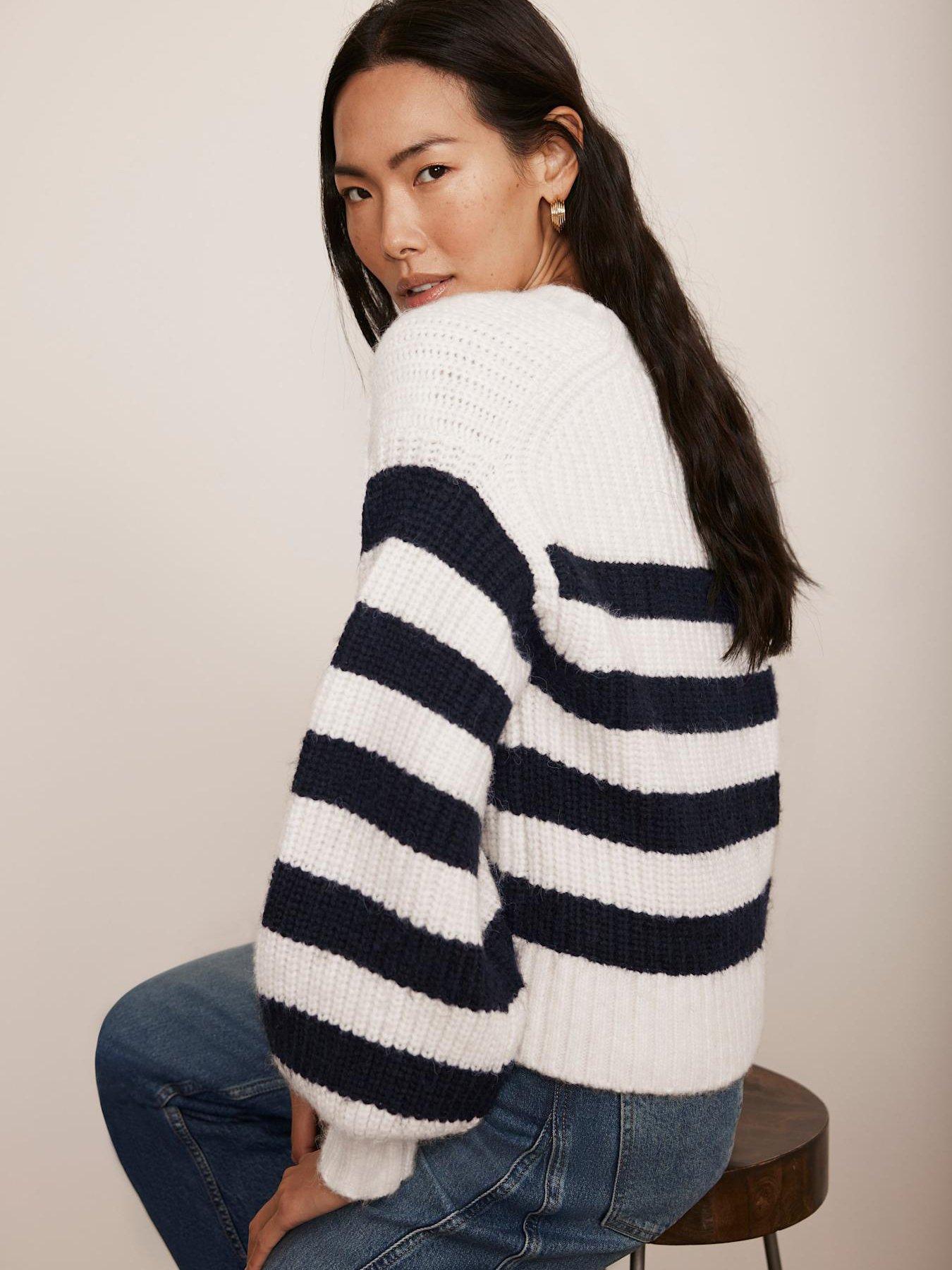  image of mint-velvet-navy-stripe-v-neck-cardigan-cream