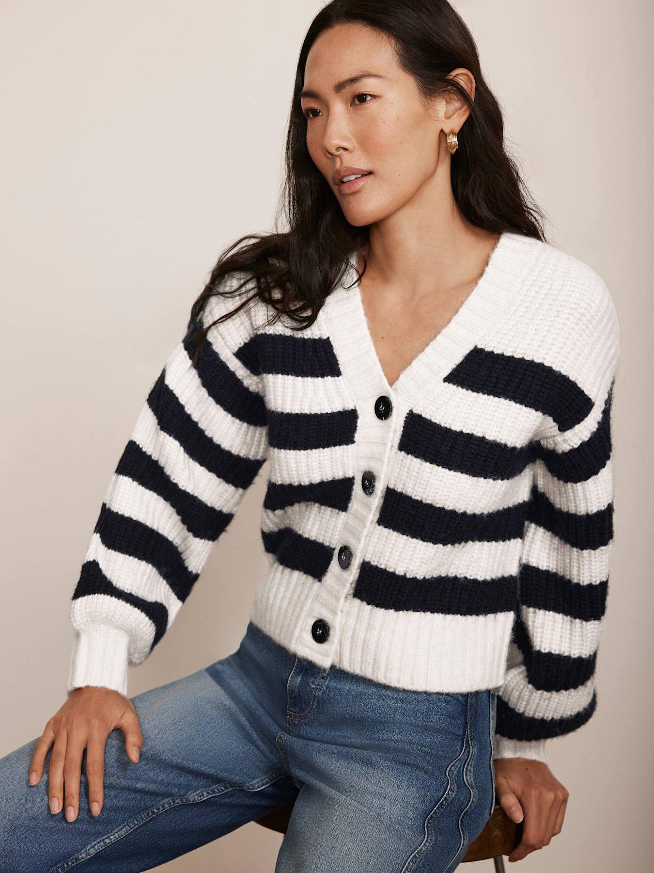  image of mint-velvet-navy-stripe-v-neck-cardigan-cream
