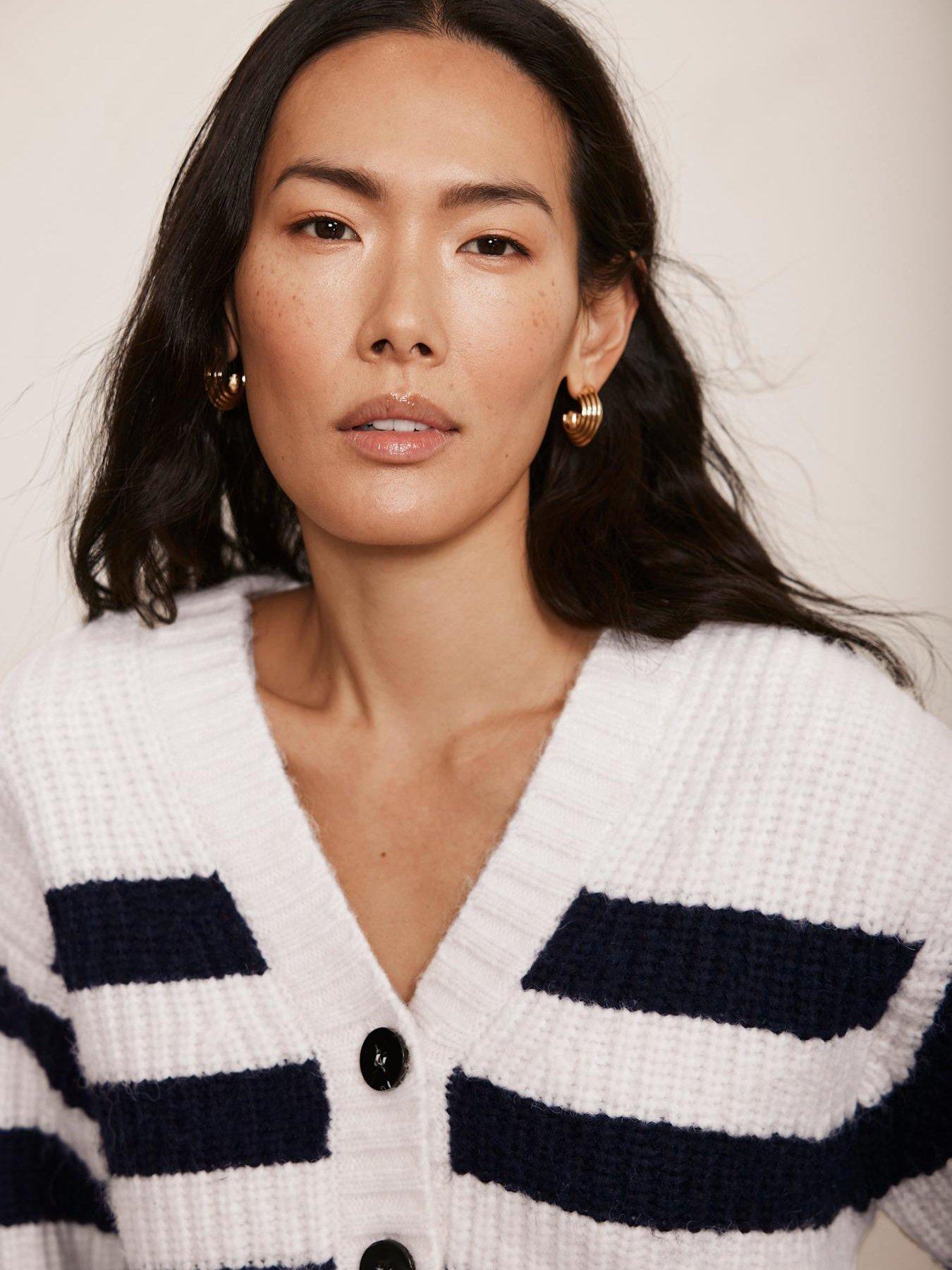  image of mint-velvet-navy-stripe-v-neck-cardigan-cream
