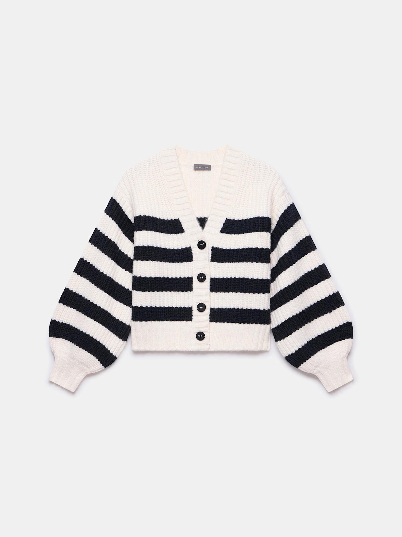  image of mint-velvet-navy-stripe-v-neck-cardigan-cream