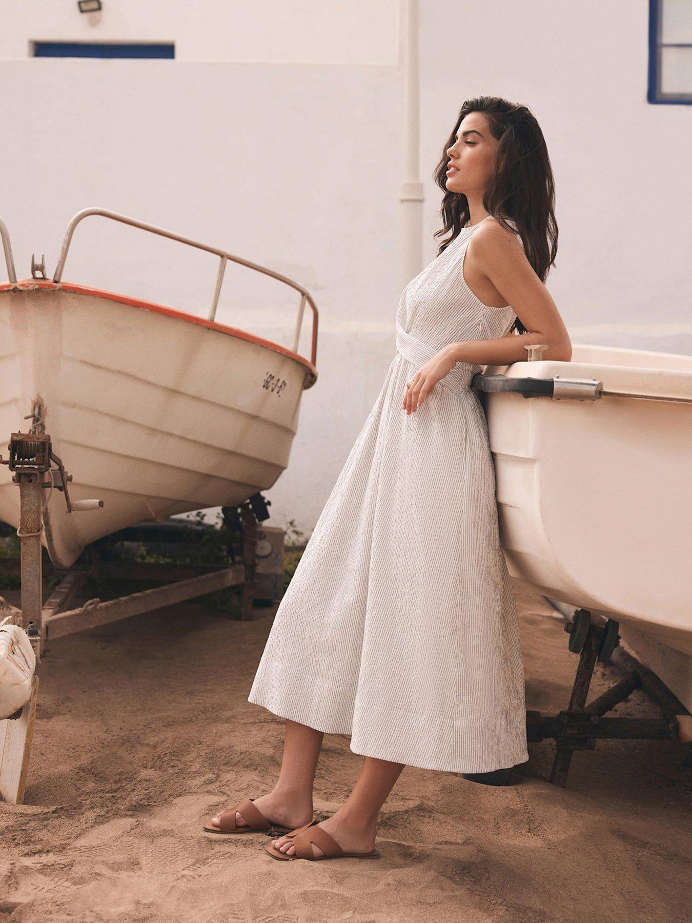 undefined Neutral Striped Midi Dress - Beige