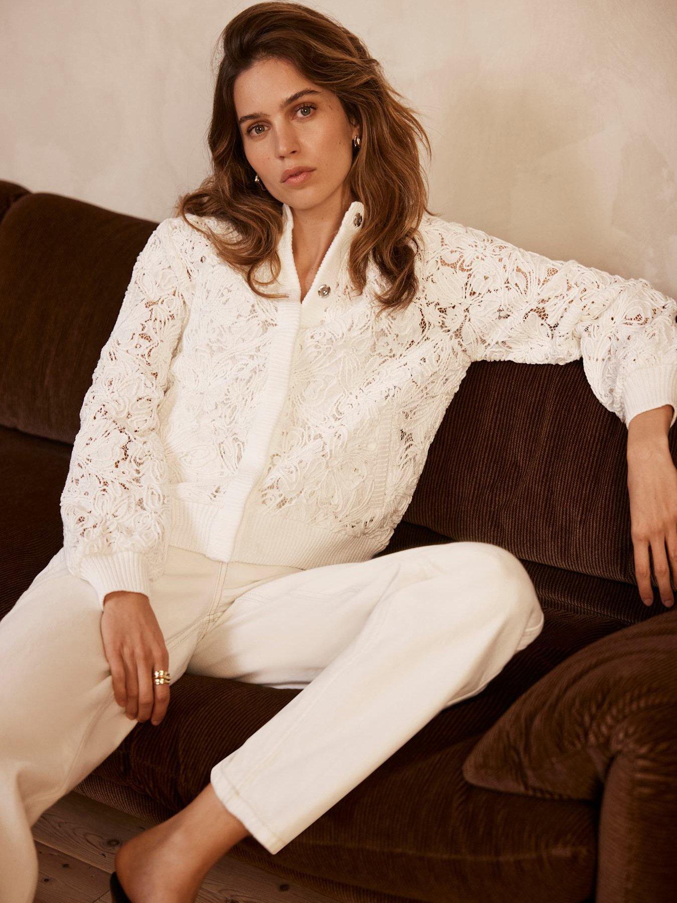 undefined White Lace Mix Bomber Jacket - Cream