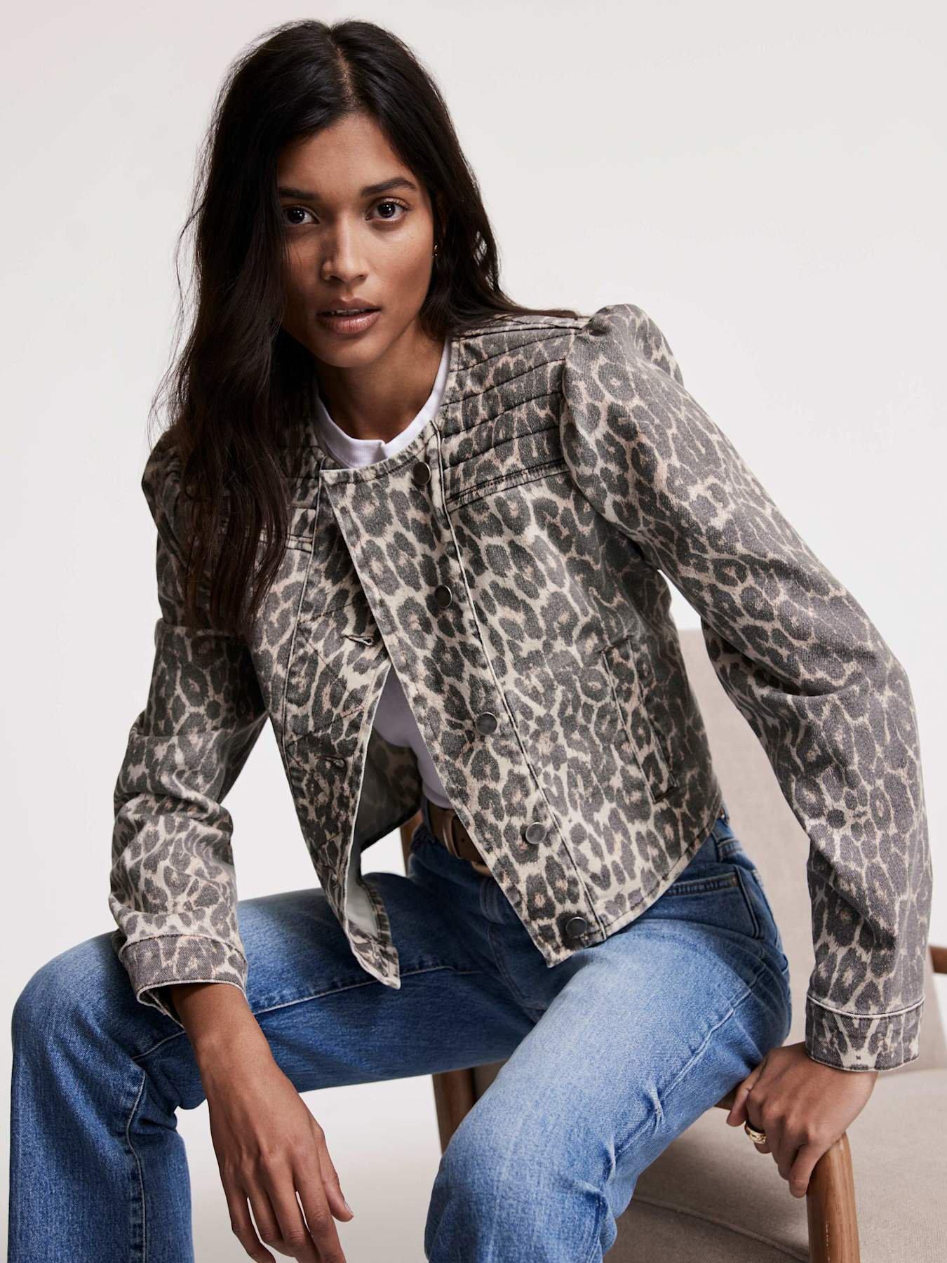 undefined Neutral Leopard Print Denim Jacket - Beige