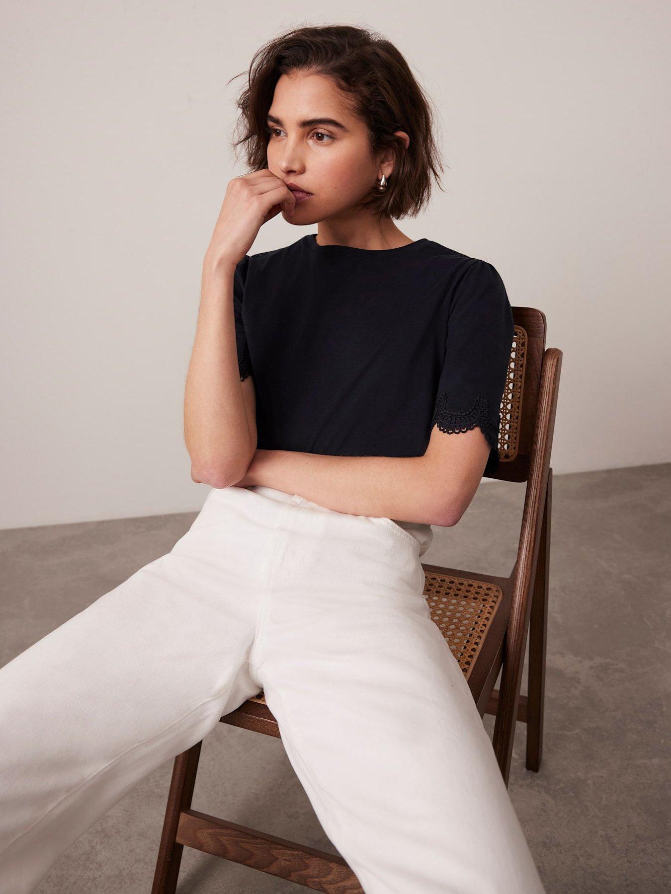  image of mint-velvet-cotton-lace-trim-t-shirt-navy