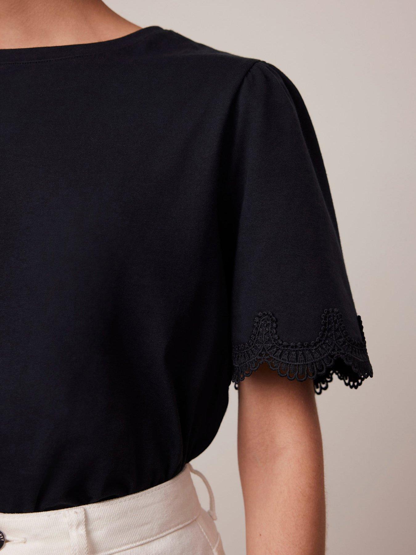  image of mint-velvet-cotton-lace-trim-t-shirt-navy