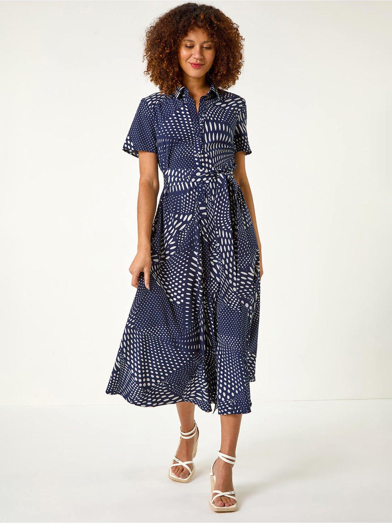 Roman Spot Print Shirt Midi Dress - Navy