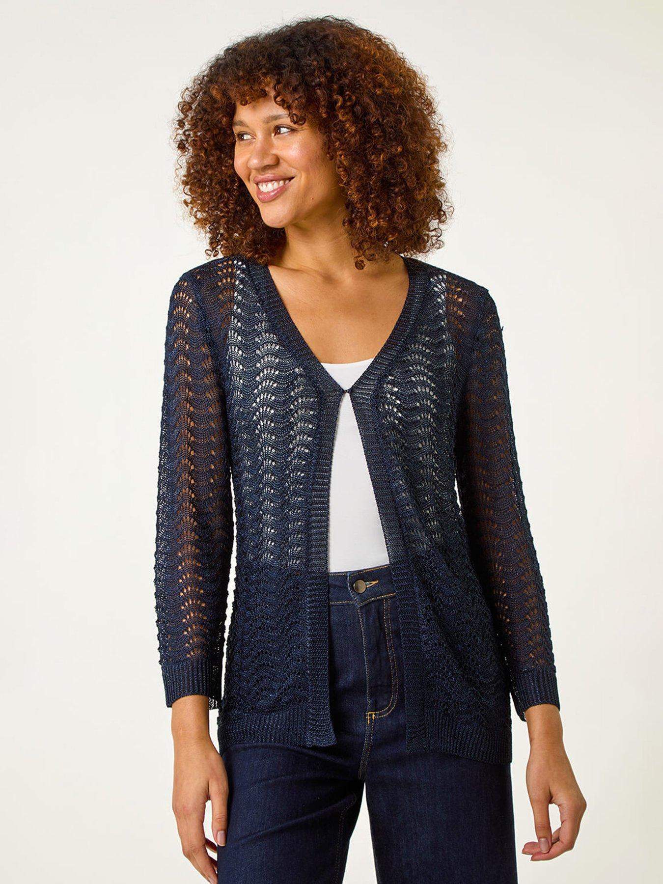 undefined Textured Crochet Knit Shrug - Navy