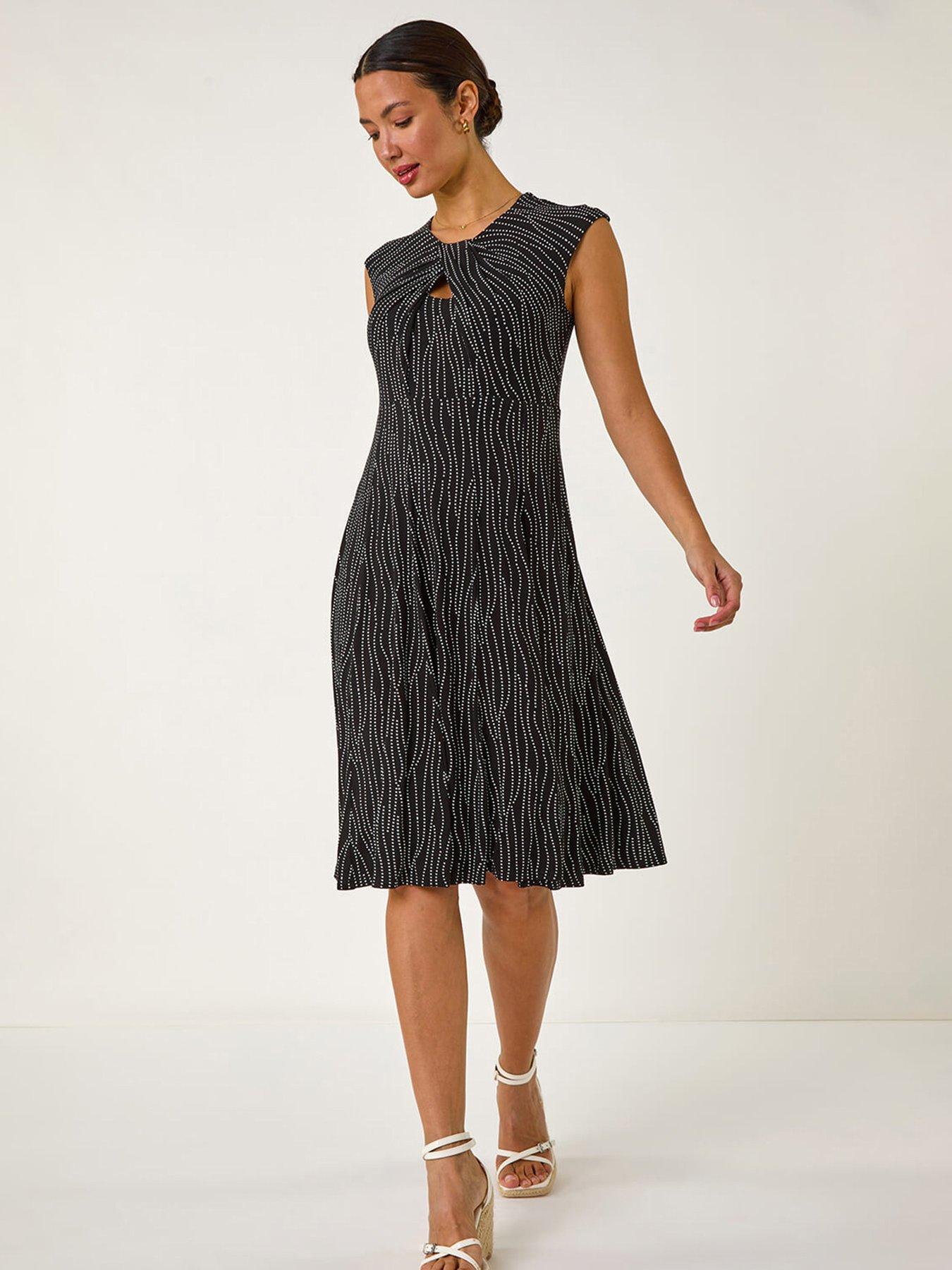Image 1 of 5 of Roman Spot Print Twist Midi Dress - Black