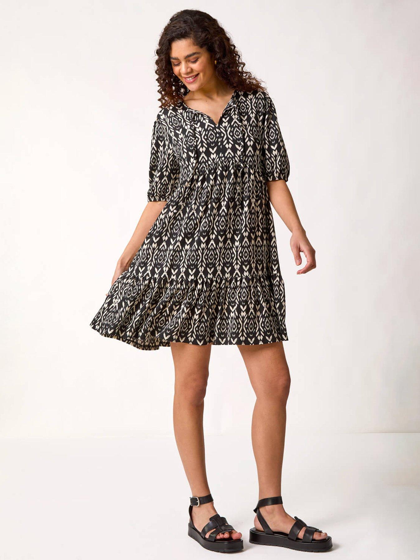 Image 1 of 5 of Roman Aztec Tie Front Smock Dress - Black