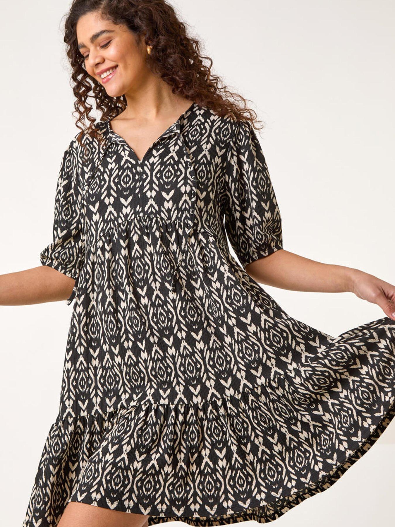 Image 3 of 5 of Roman Aztec Tie Front Smock Dress - Black