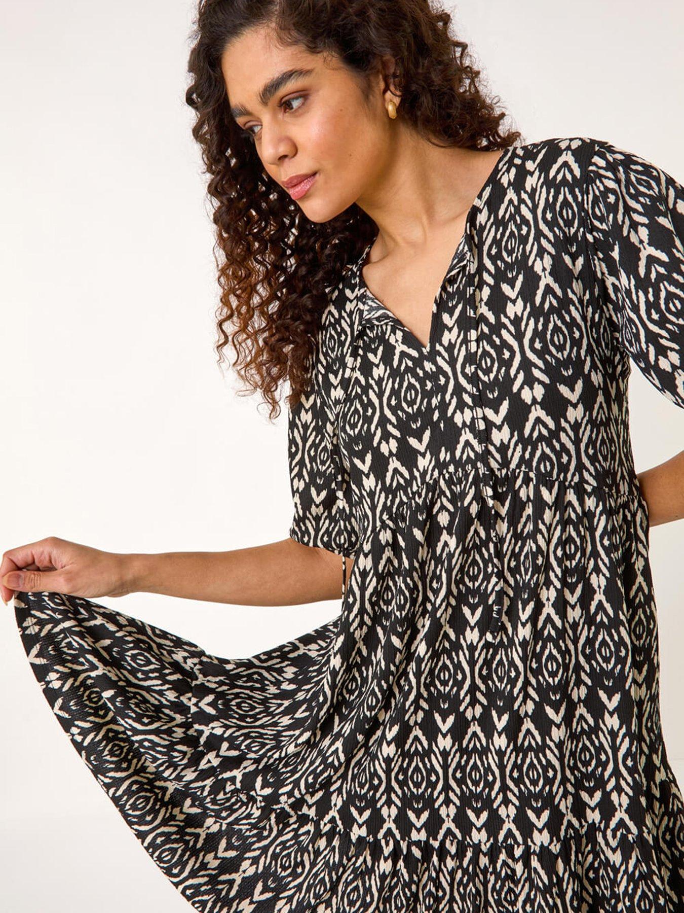 Image 4 of 5 of Roman Aztec Tie Front Smock Dress - Black