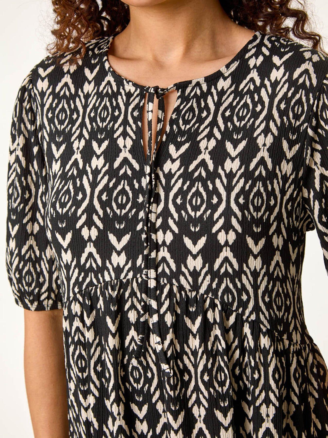 Image 5 of 5 of Roman Aztec Tie Front Smock Dress - Black