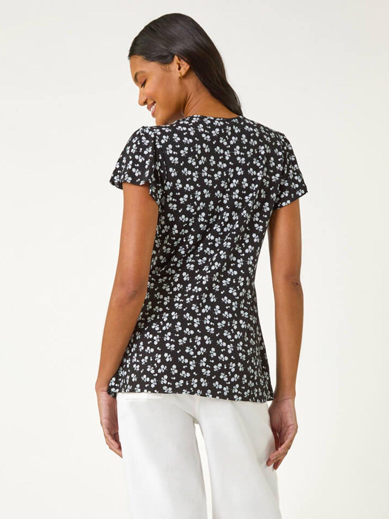  image of roman-floral-print-ladder-trim-top-black