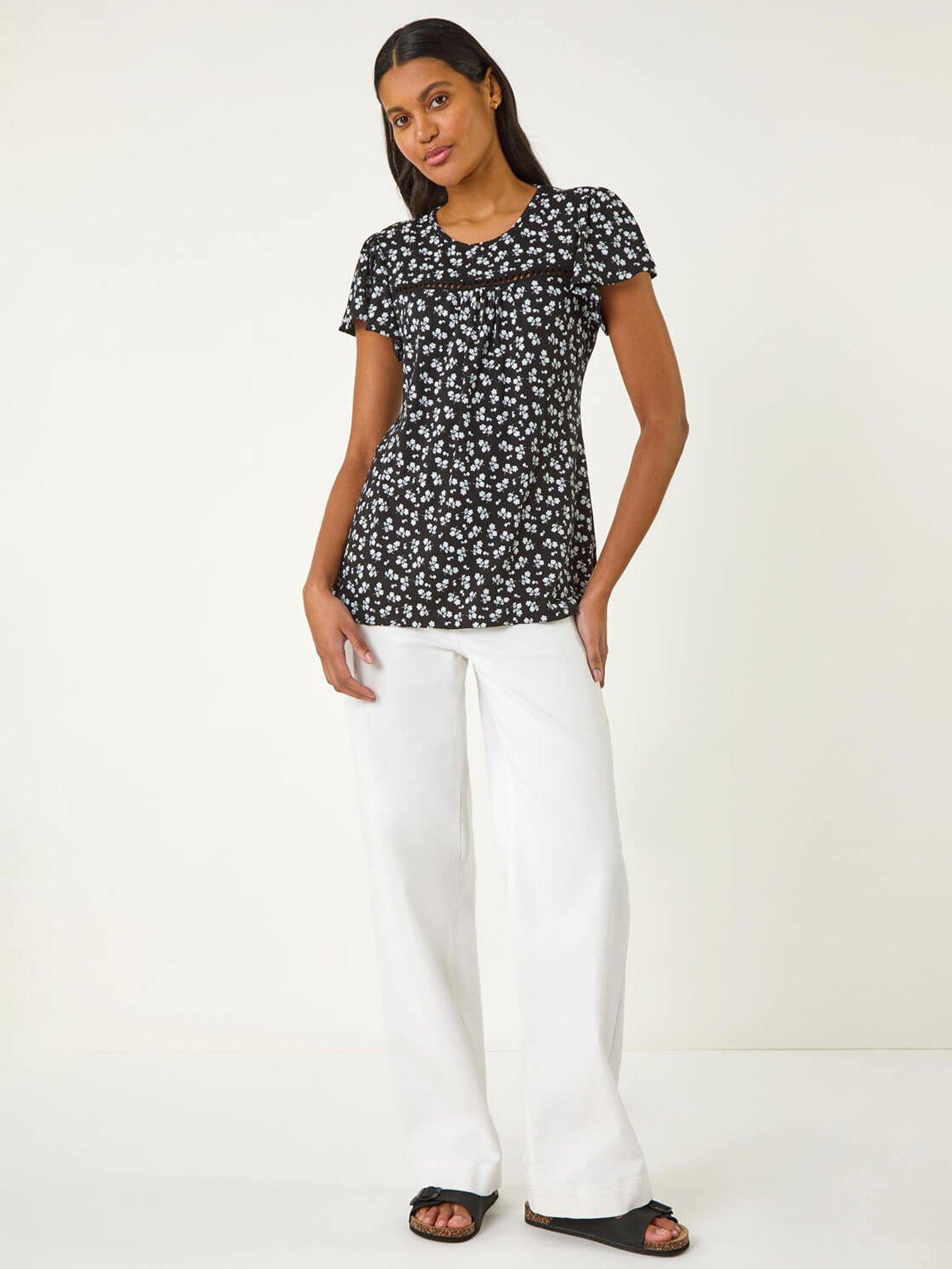  image of roman-floral-print-ladder-trim-top-black