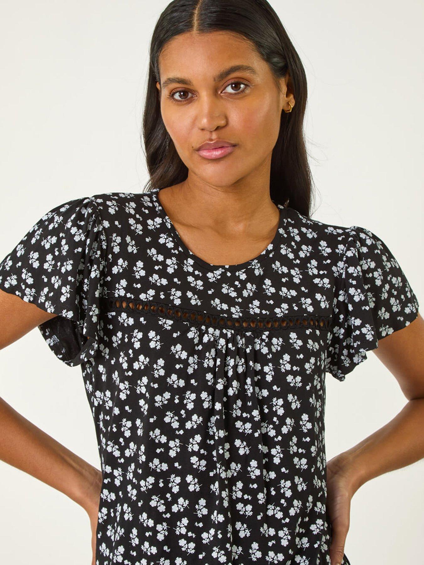  image of roman-floral-print-ladder-trim-top-black