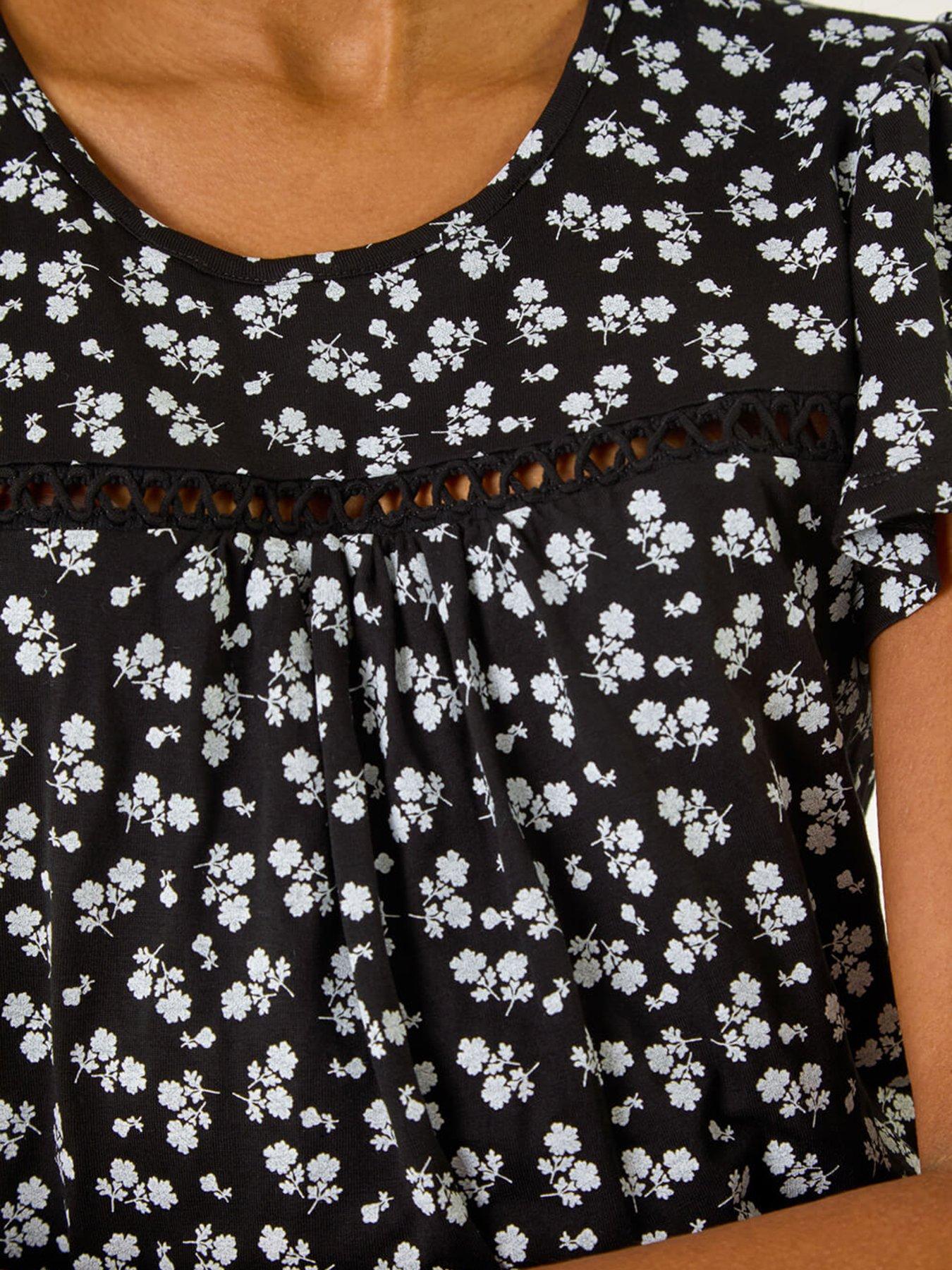  image of roman-floral-print-ladder-trim-top-black