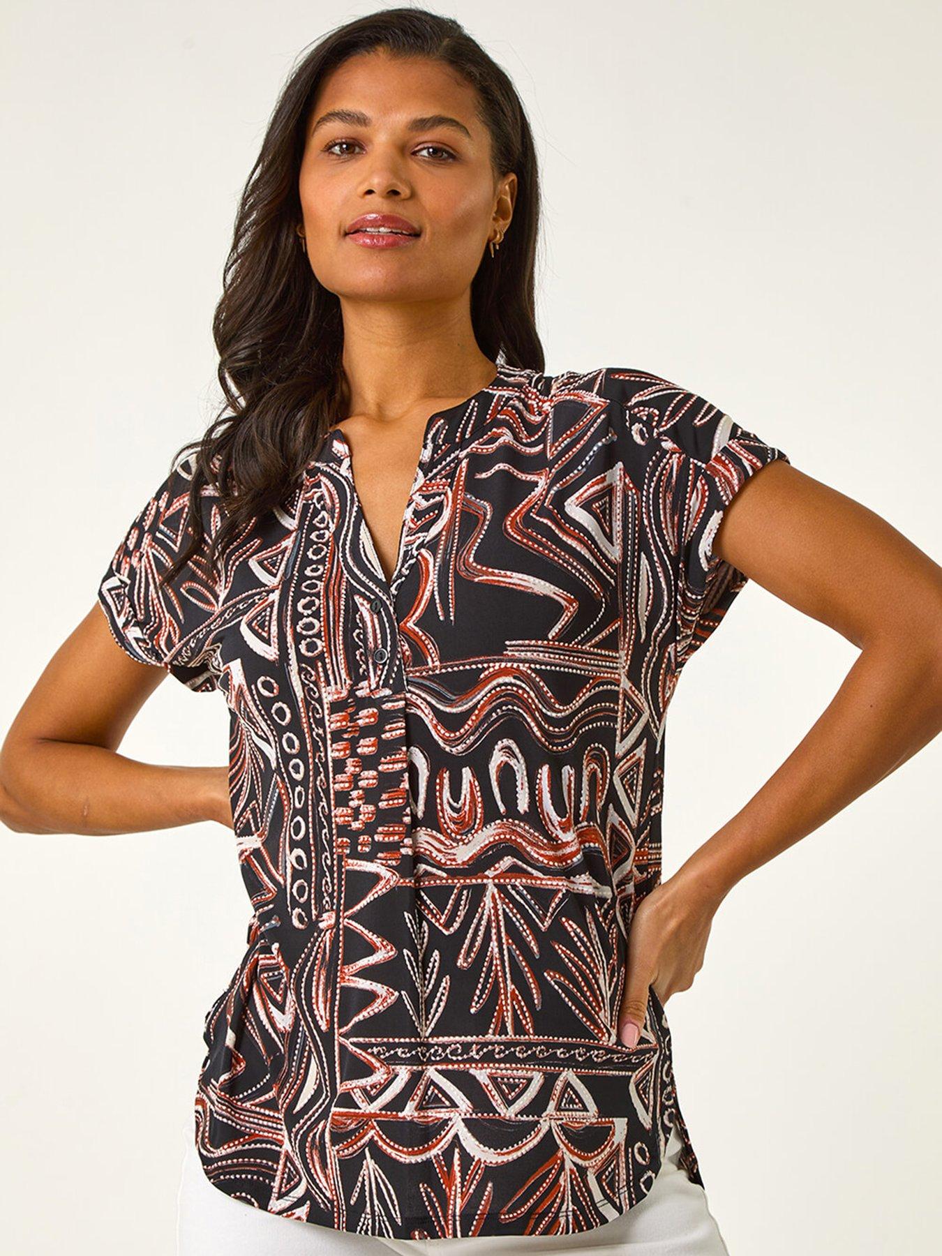 undefined Textured Ikat Print Stretch Top - Rust