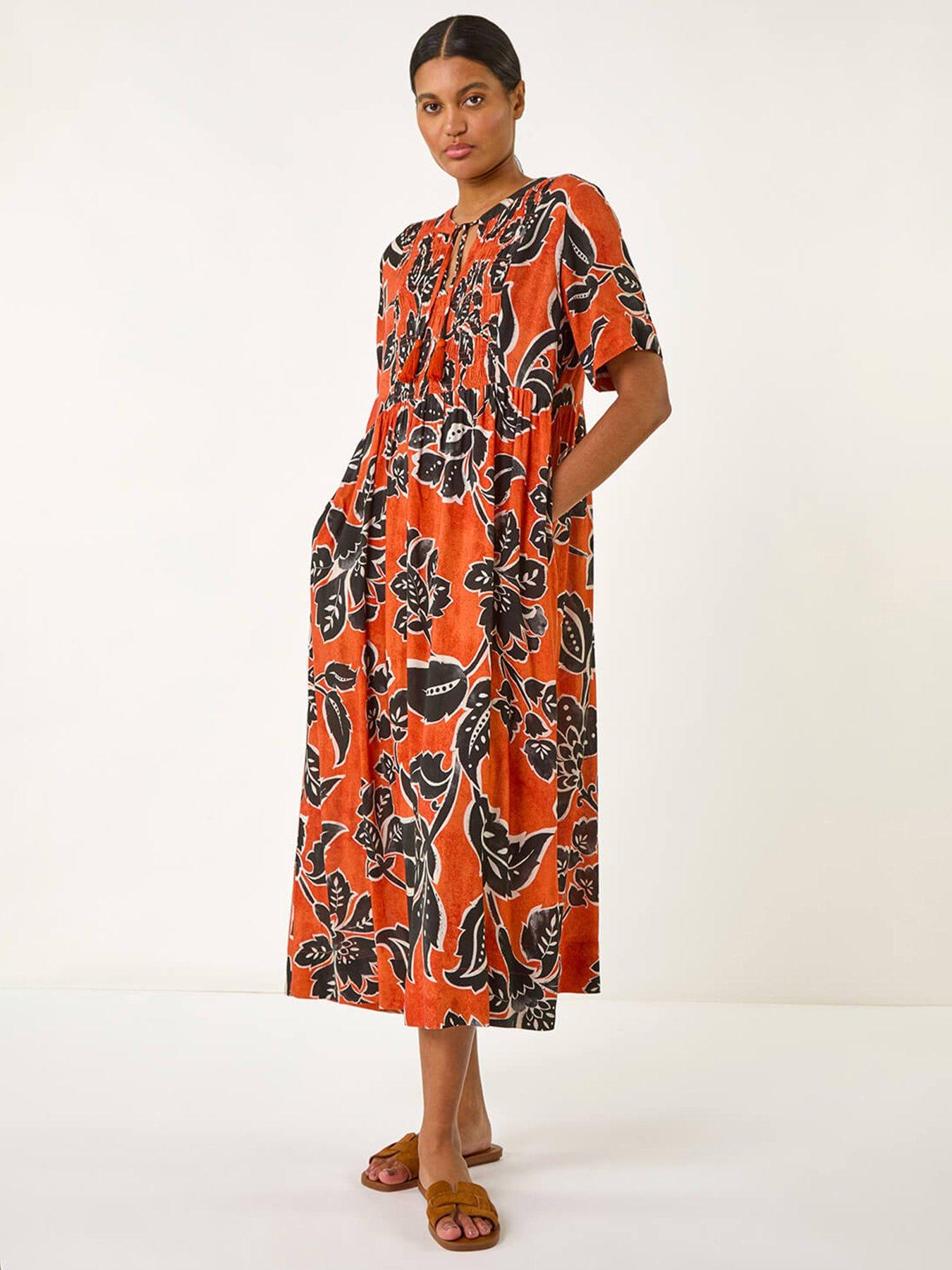 undefined Leaf Print Tie Front Midi Dress - Rust