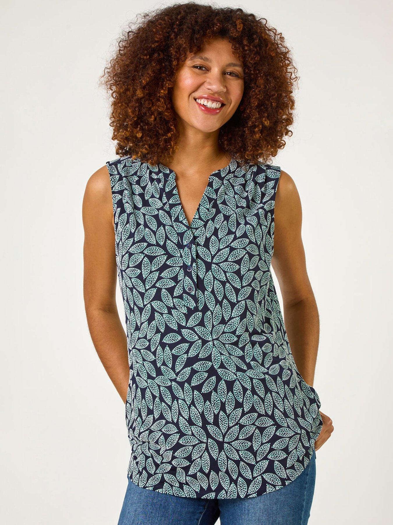  image of roman-textured-leaf-print-stretch-top-teal