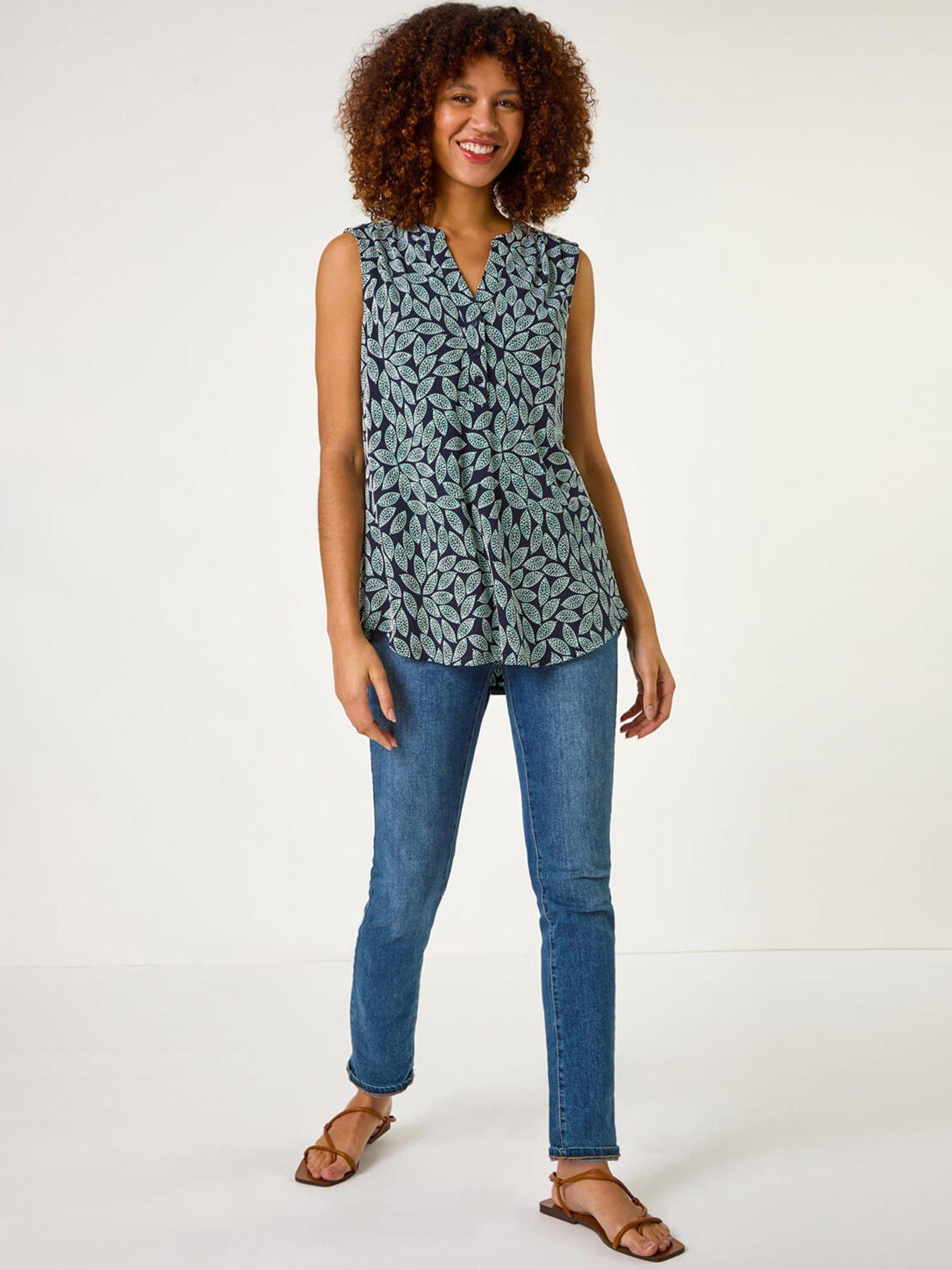  image of roman-textured-leaf-print-stretch-top-teal