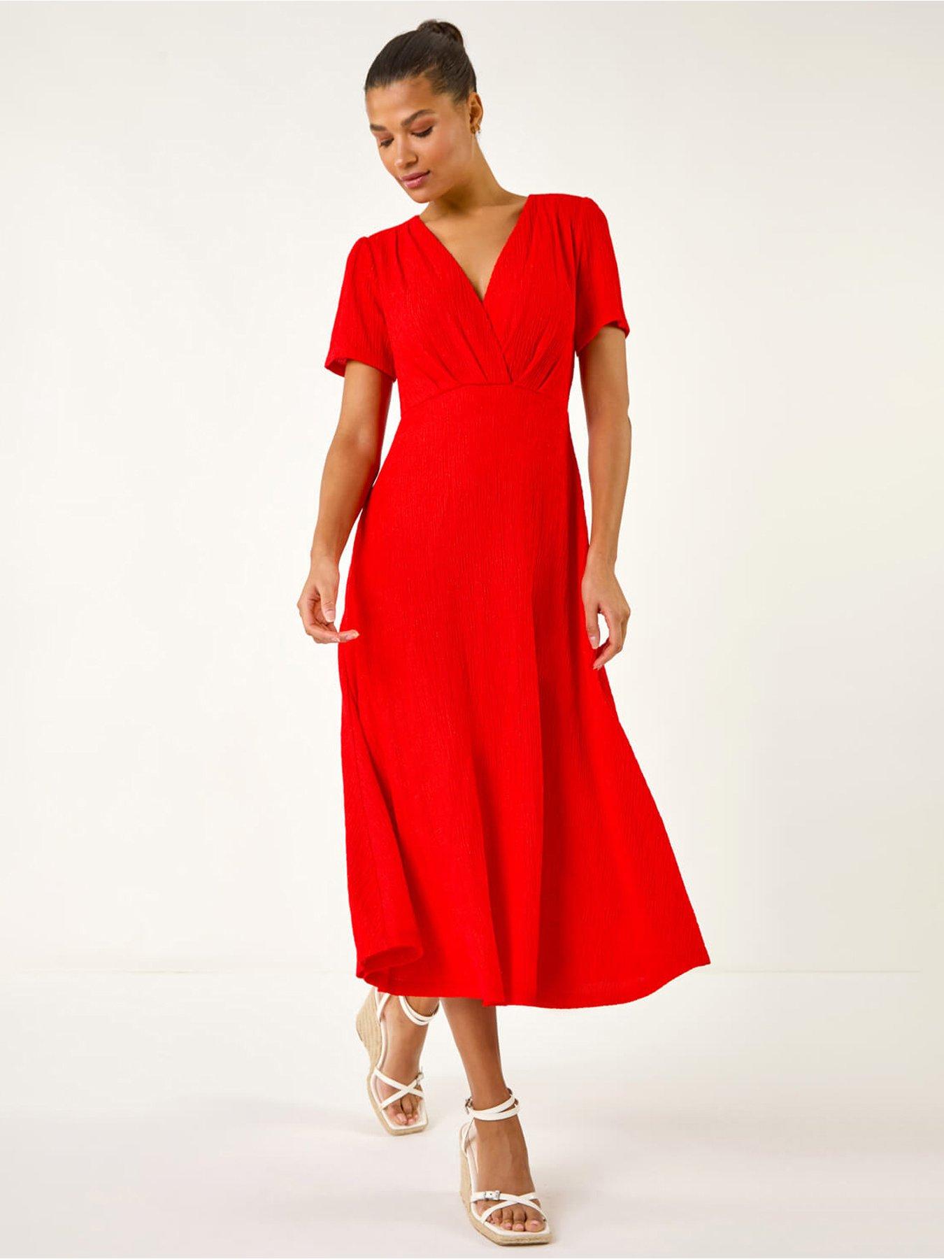 undefined Textured Wrap Bodice Midi Dress - Red