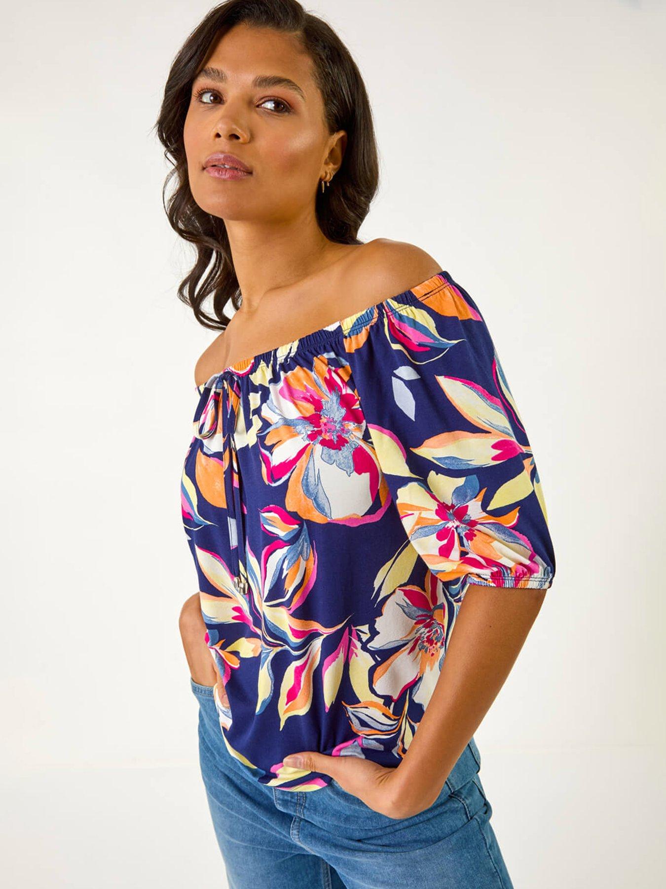 roman-floral-print-bardot-stretch-top-navy