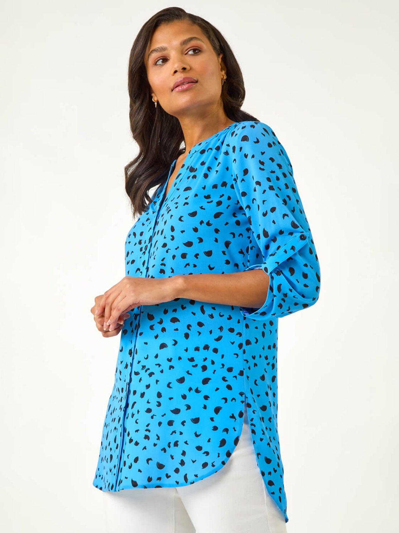  image of roman-spot-print-v-neck-button-blouse-blue