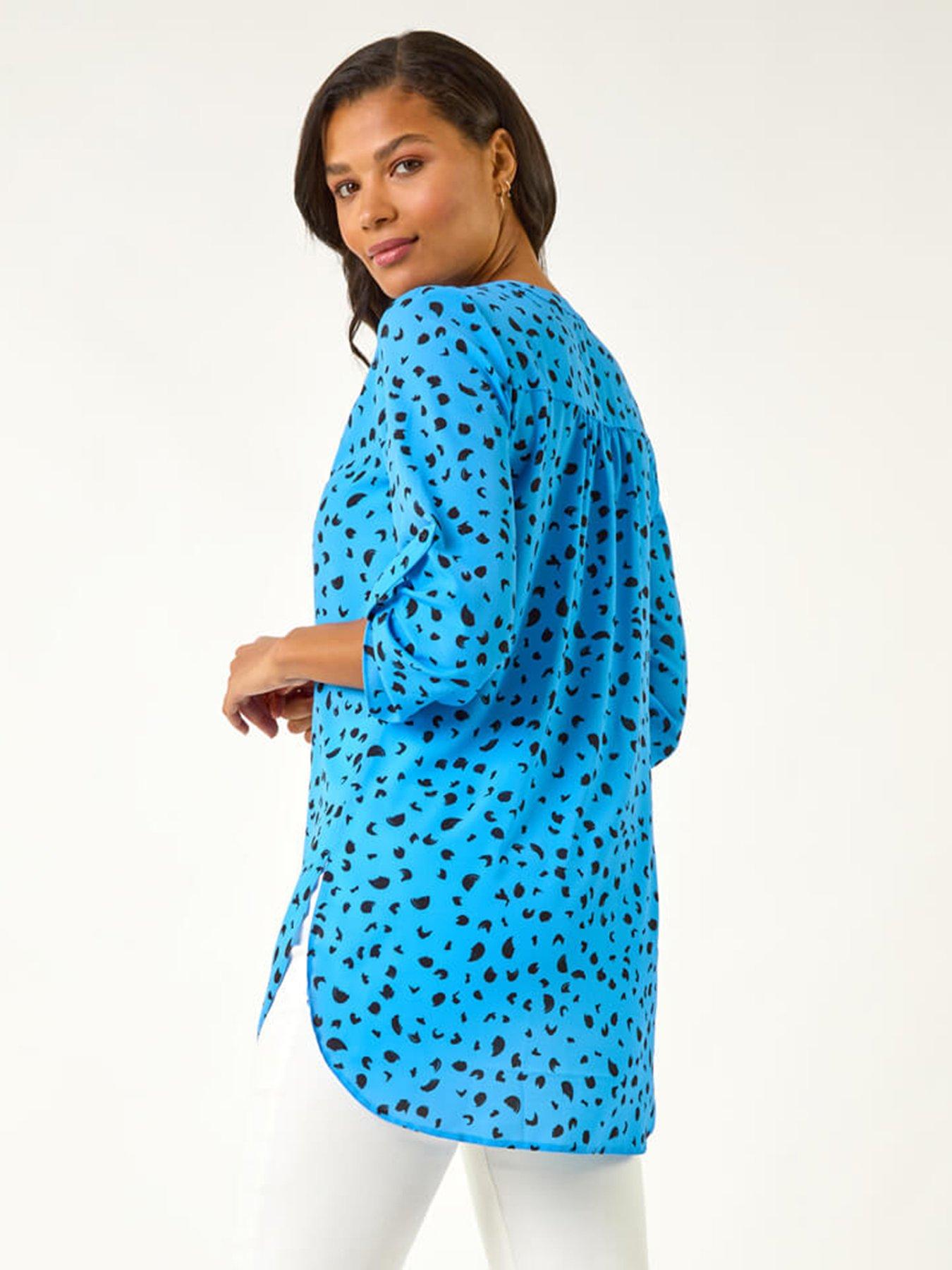  image of roman-spot-print-v-neck-button-blouse-blue