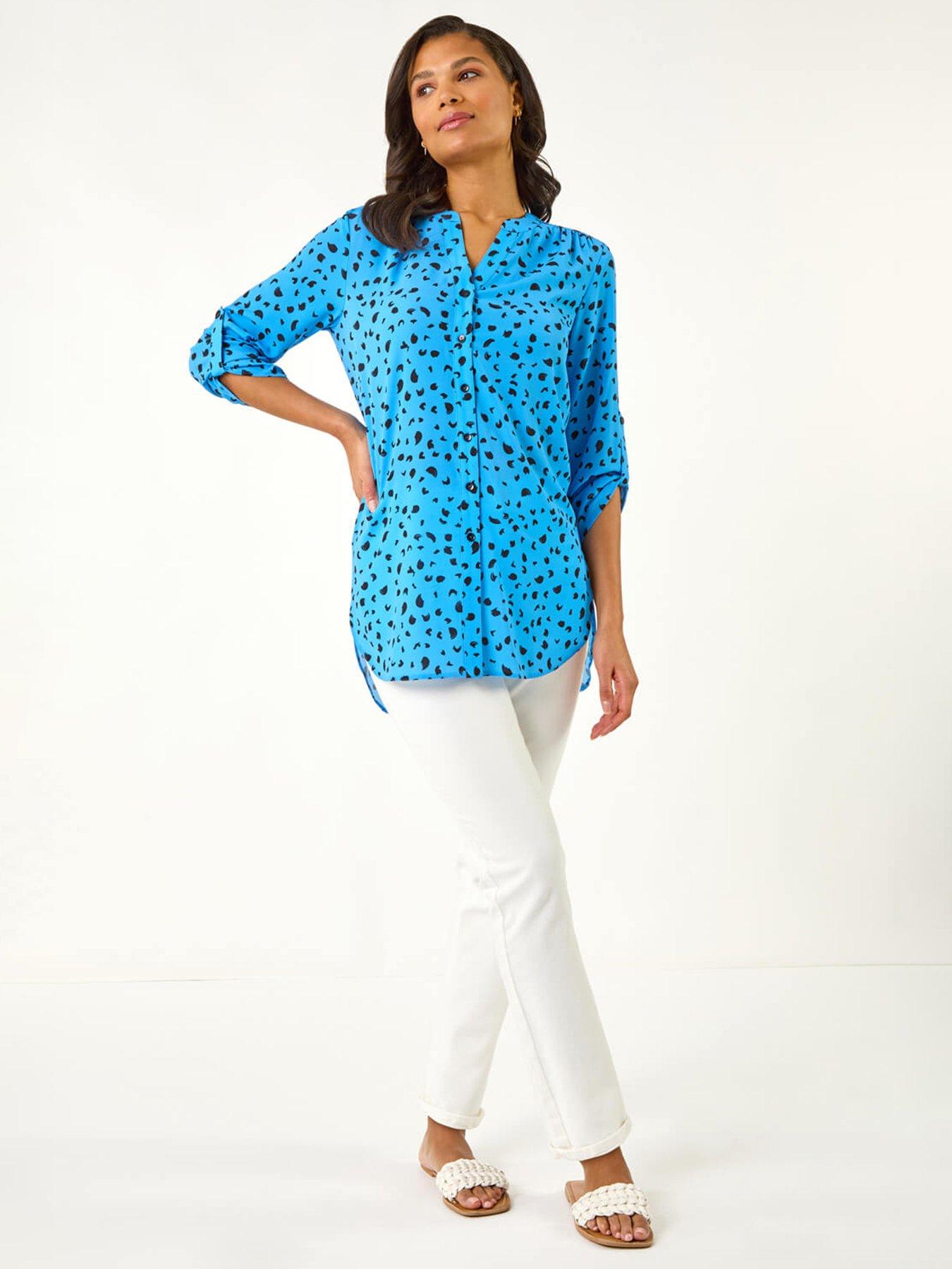  image of roman-spot-print-v-neck-button-blouse-blue