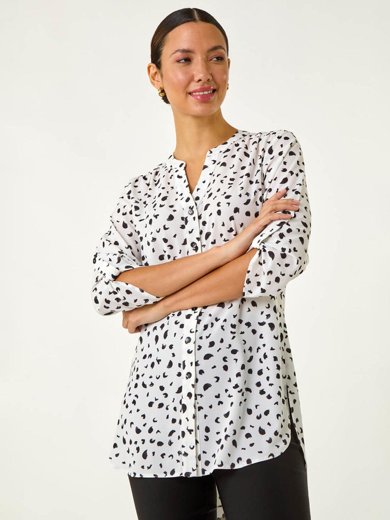 undefined Spot Print V-neck Button Blouse - Ivory