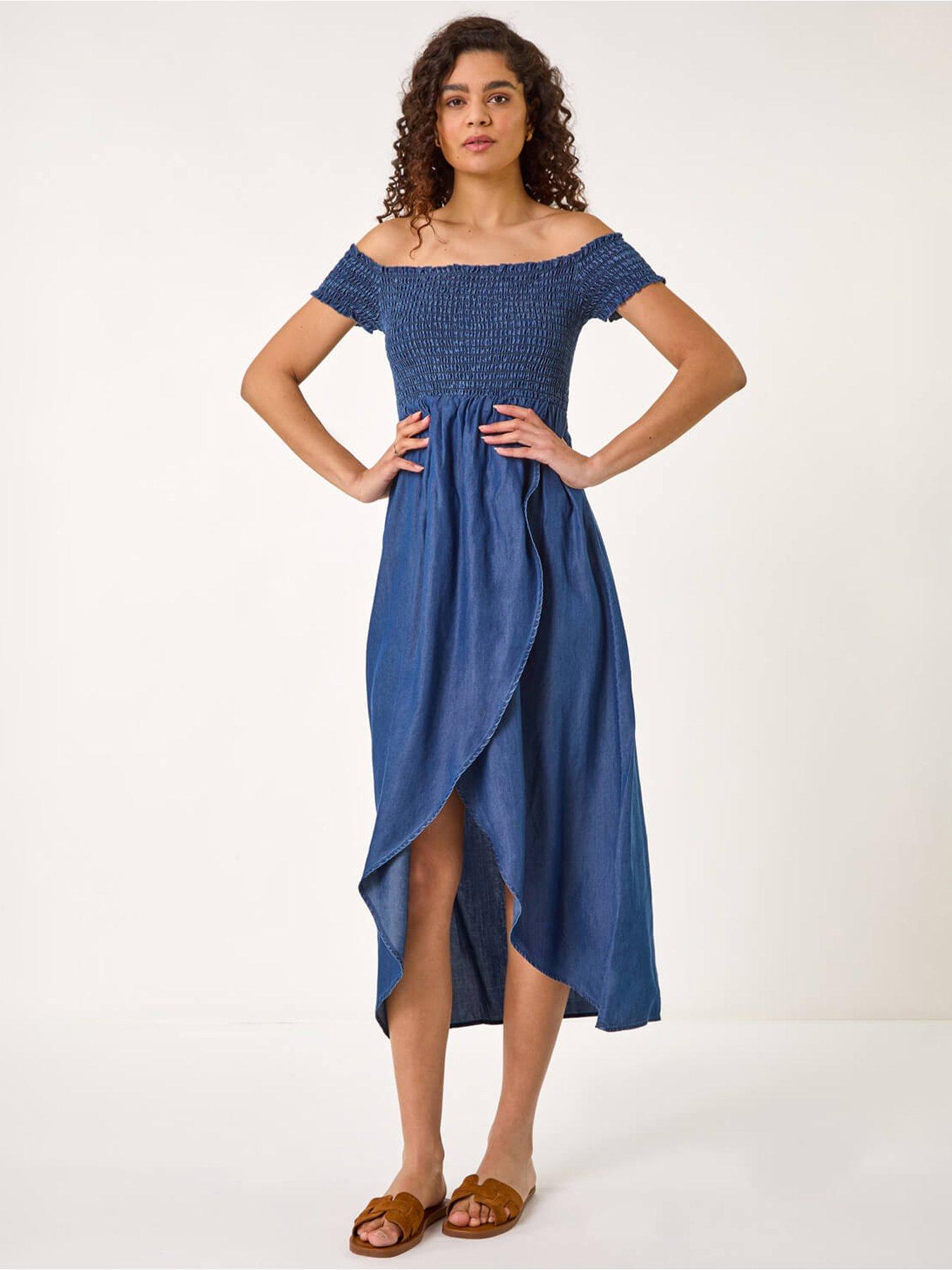 undefined Bardot Shirred Maxi Dress - Denim