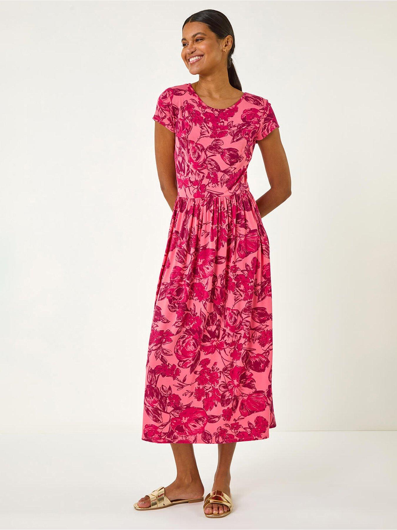 undefined Floral Print Pocket Midi Dress - Pink