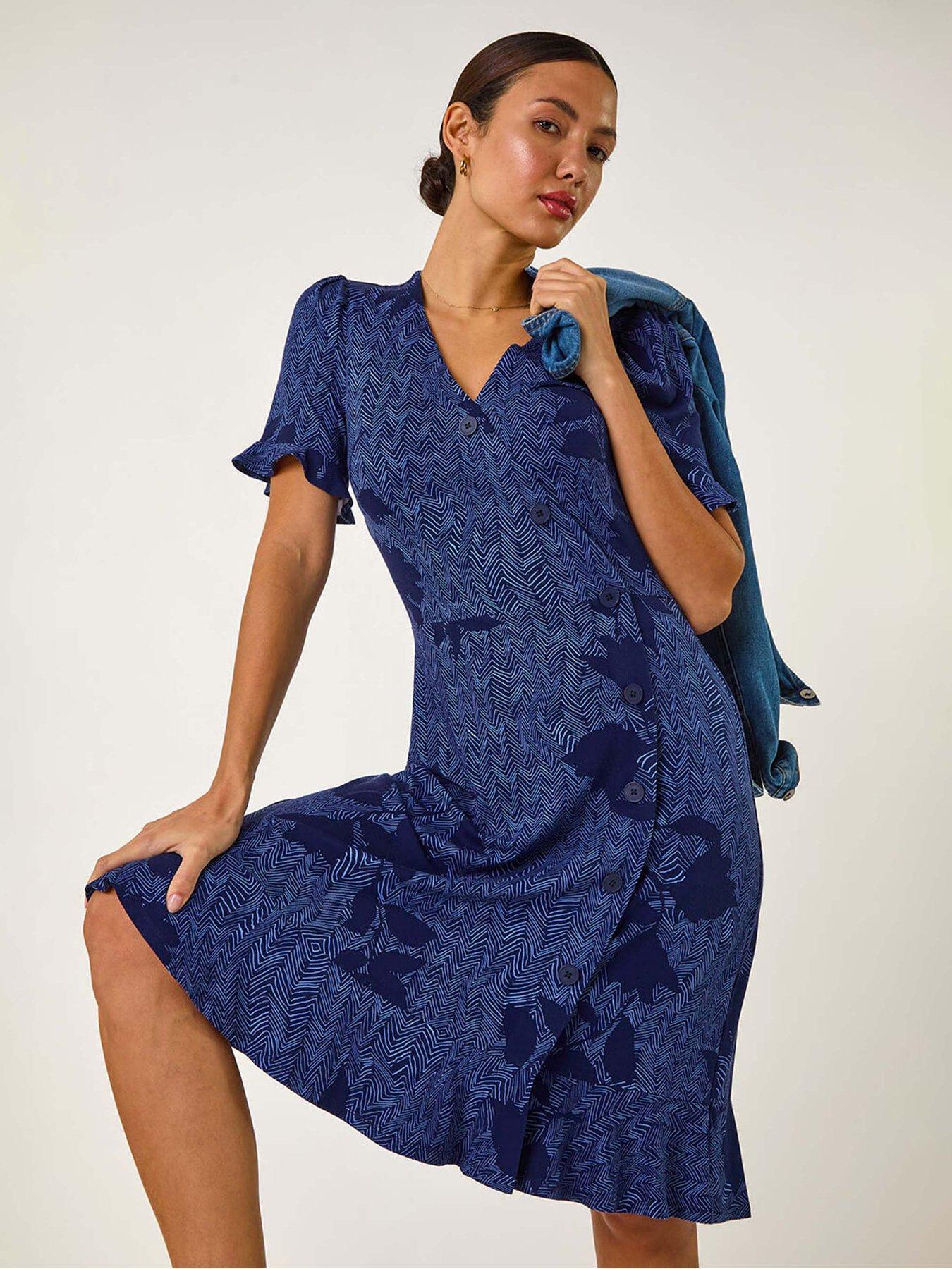 undefined Floral Side Button Dress - Navy
