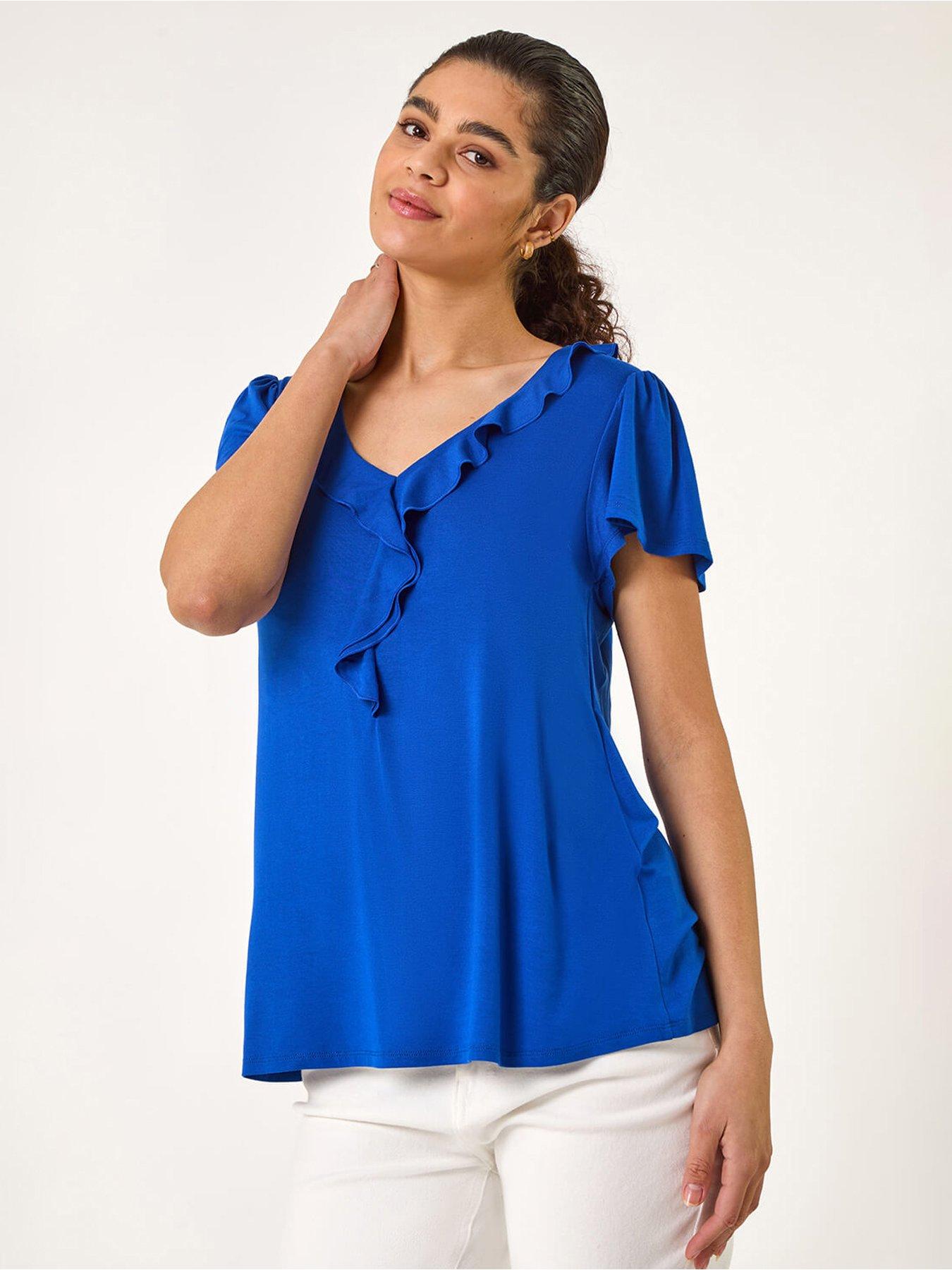undefined Ruffle Front Stretch Top - Royal Blue