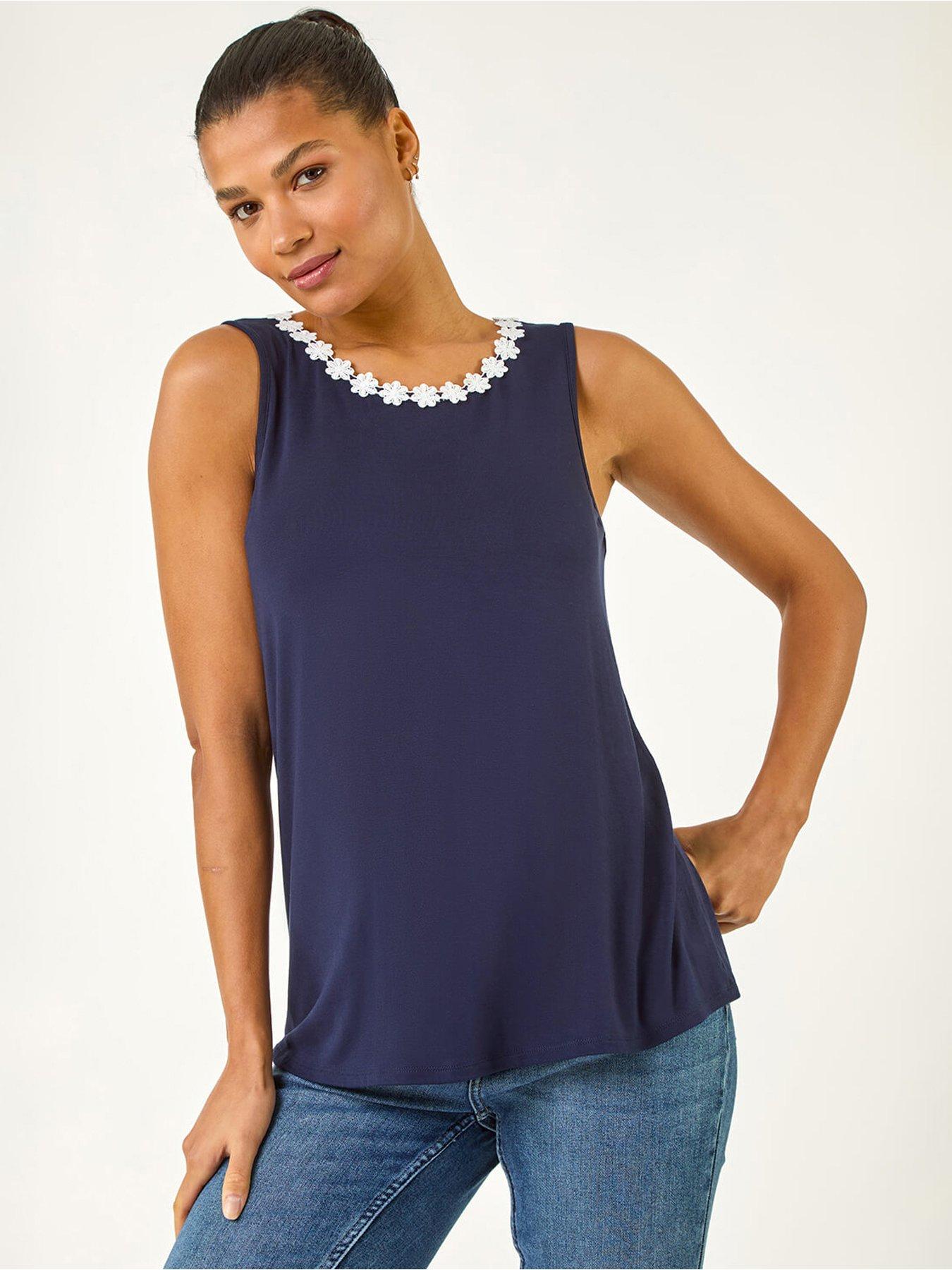 front image of roman-daisy-neck-trim-vest-top-navy
