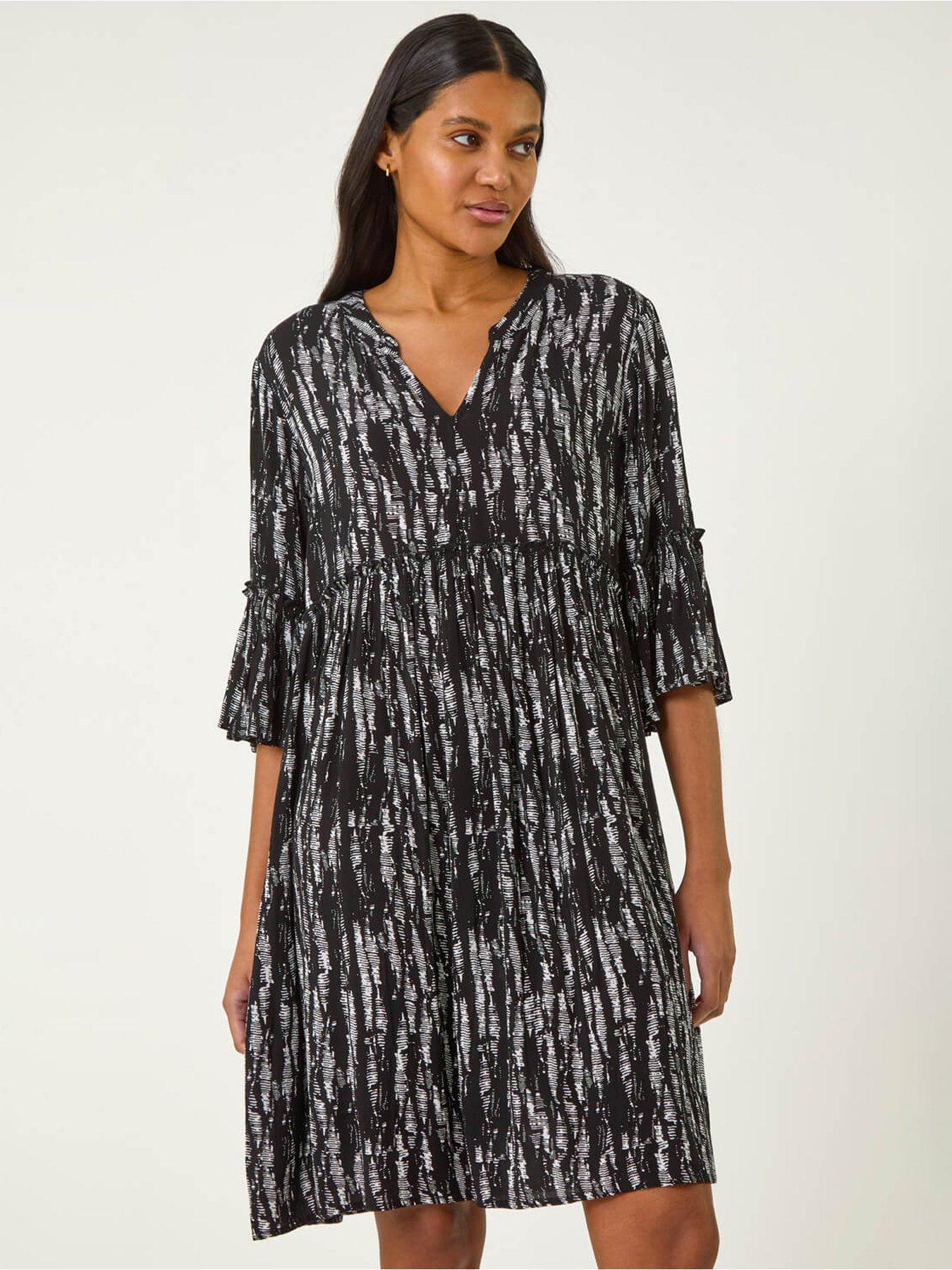 Image 1 of 5 of Roman Abstract Crinkle Smock Dress - Black