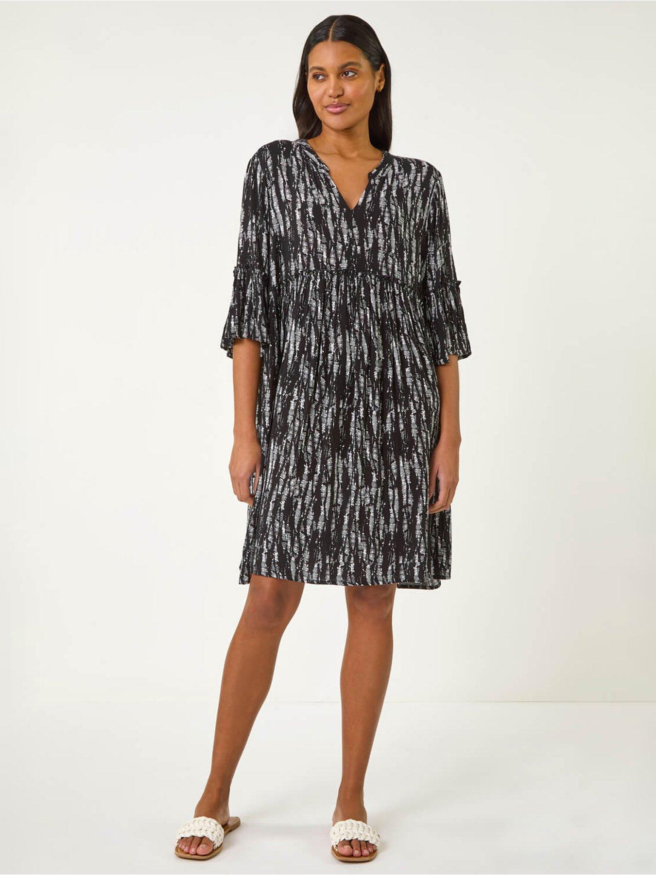 Image 2 of 5 of Roman Abstract Crinkle Smock Dress - Black