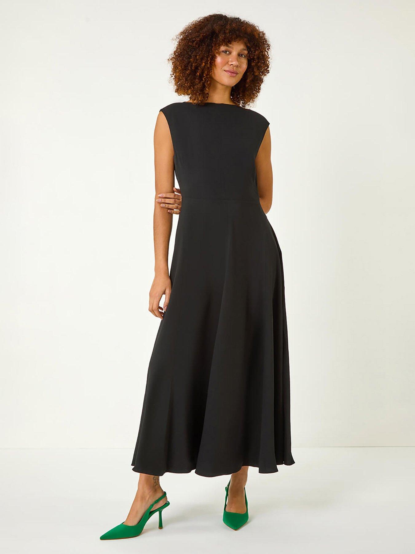 undefined High Neck Pleated Midi Dress - Black