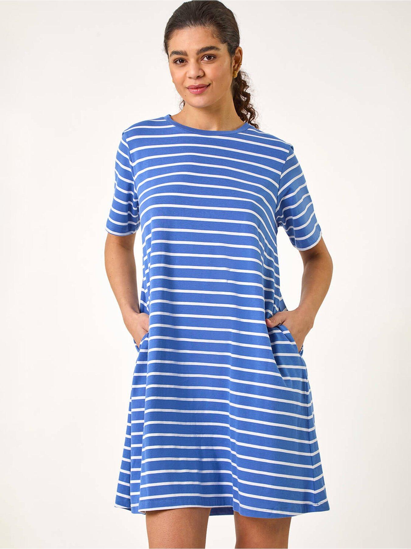  image of roman-stripe-stretch-t-shirt-dress-blue