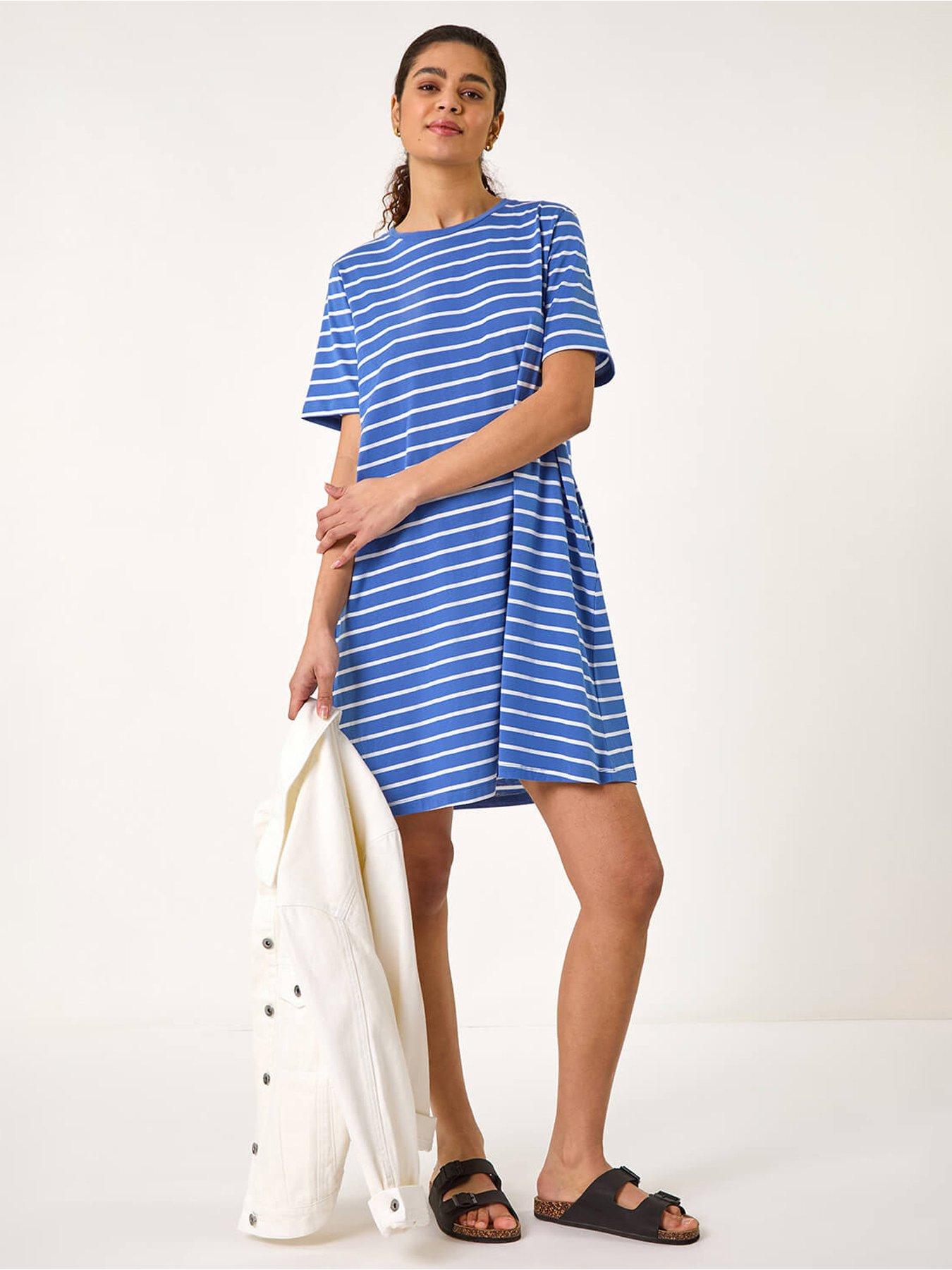  image of roman-stripe-stretch-t-shirt-dress-blue