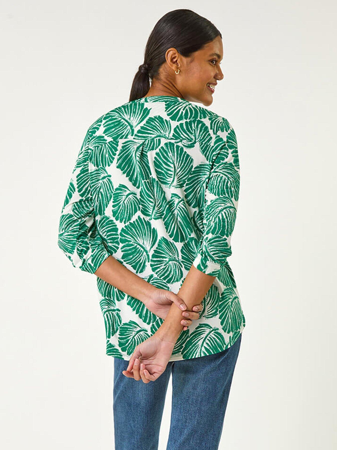 Image 2 of 5 of Roman Leaf Print Shoulder Pleat Shirt - Green