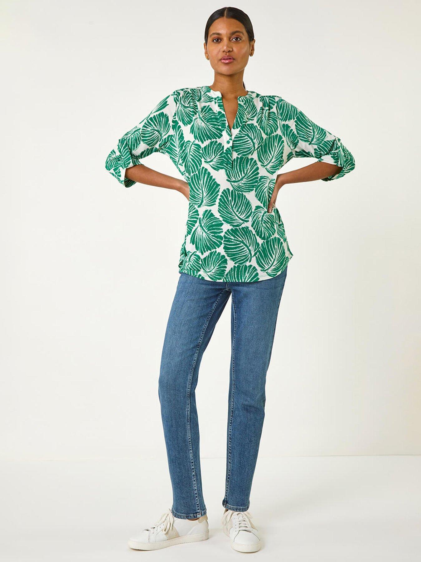 Image 3 of 5 of Roman Leaf Print Shoulder Pleat Shirt - Green