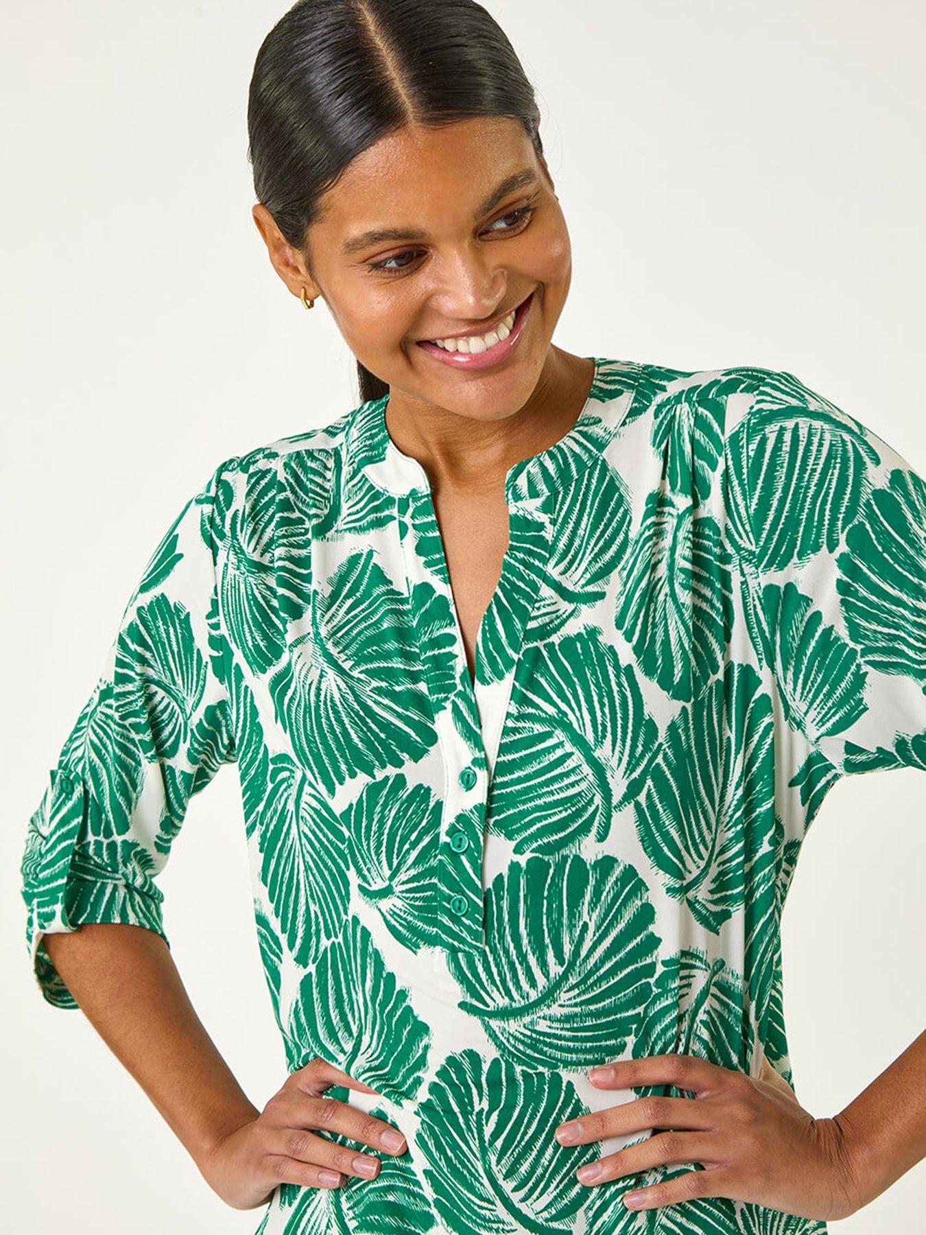 Image 4 of 5 of Roman Leaf Print Shoulder Pleat Shirt - Green
