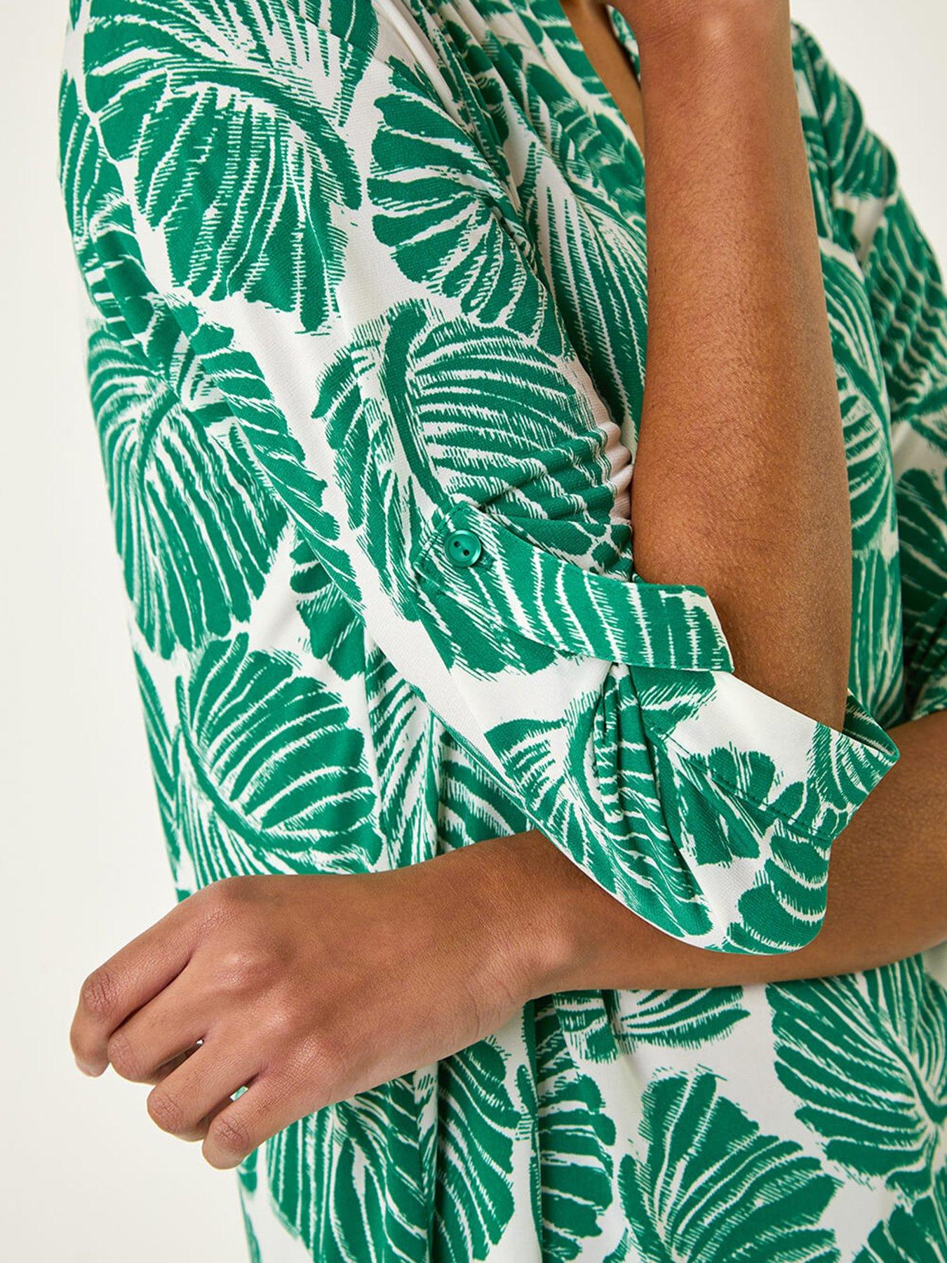 Image 5 of 5 of Roman Leaf Print Shoulder Pleat Shirt - Green