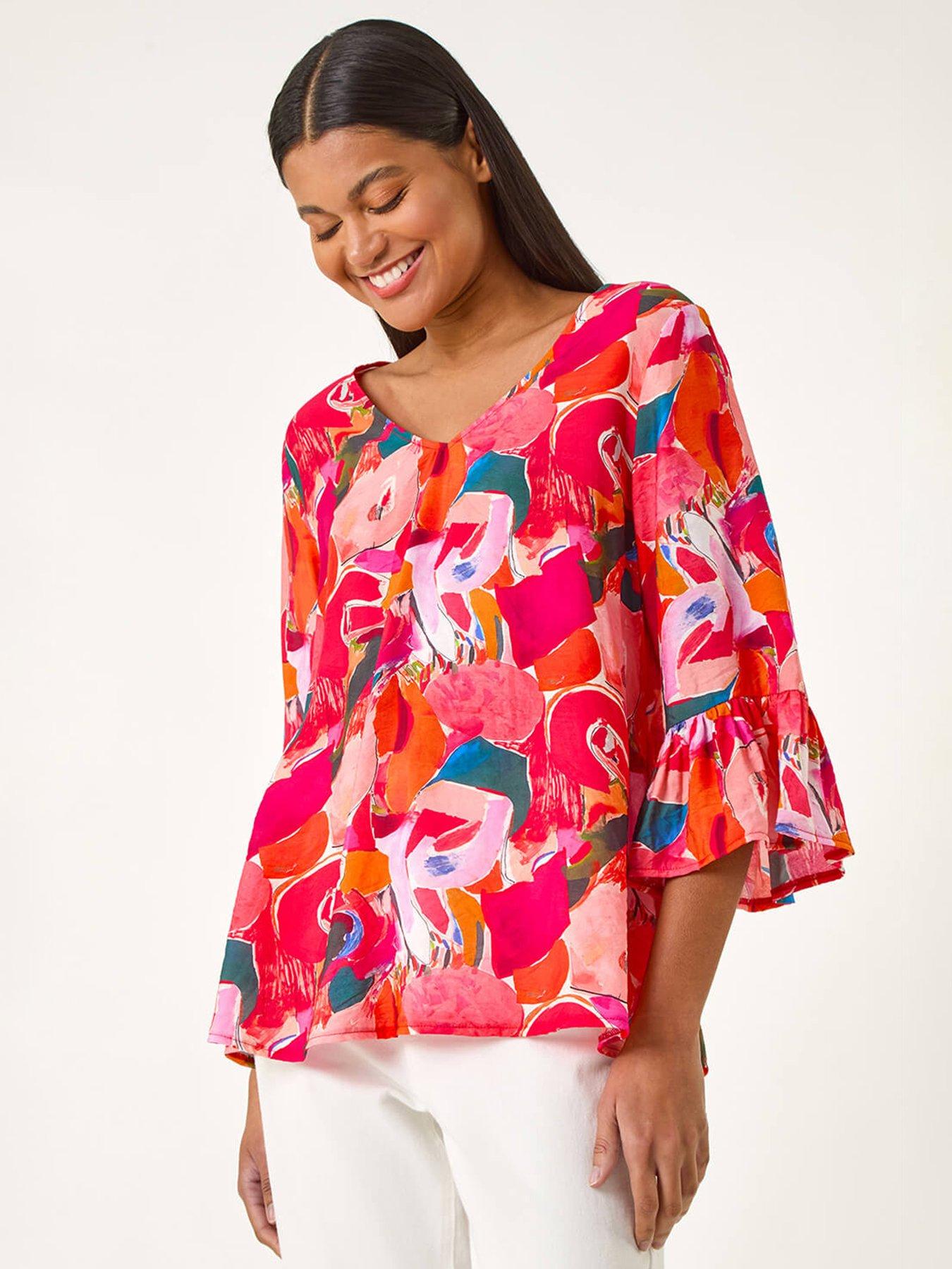 roman-abstract-print-flare-sleeve-top-red