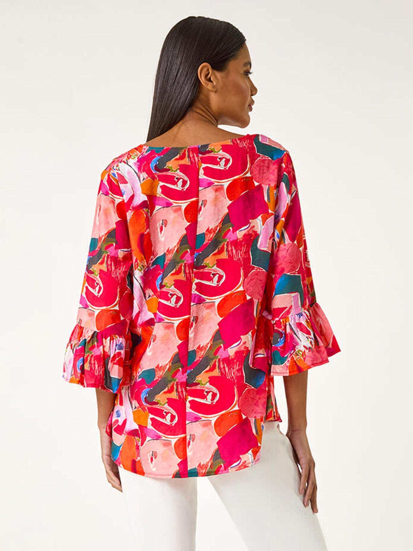  image of roman-abstract-print-flare-sleeve-top-red